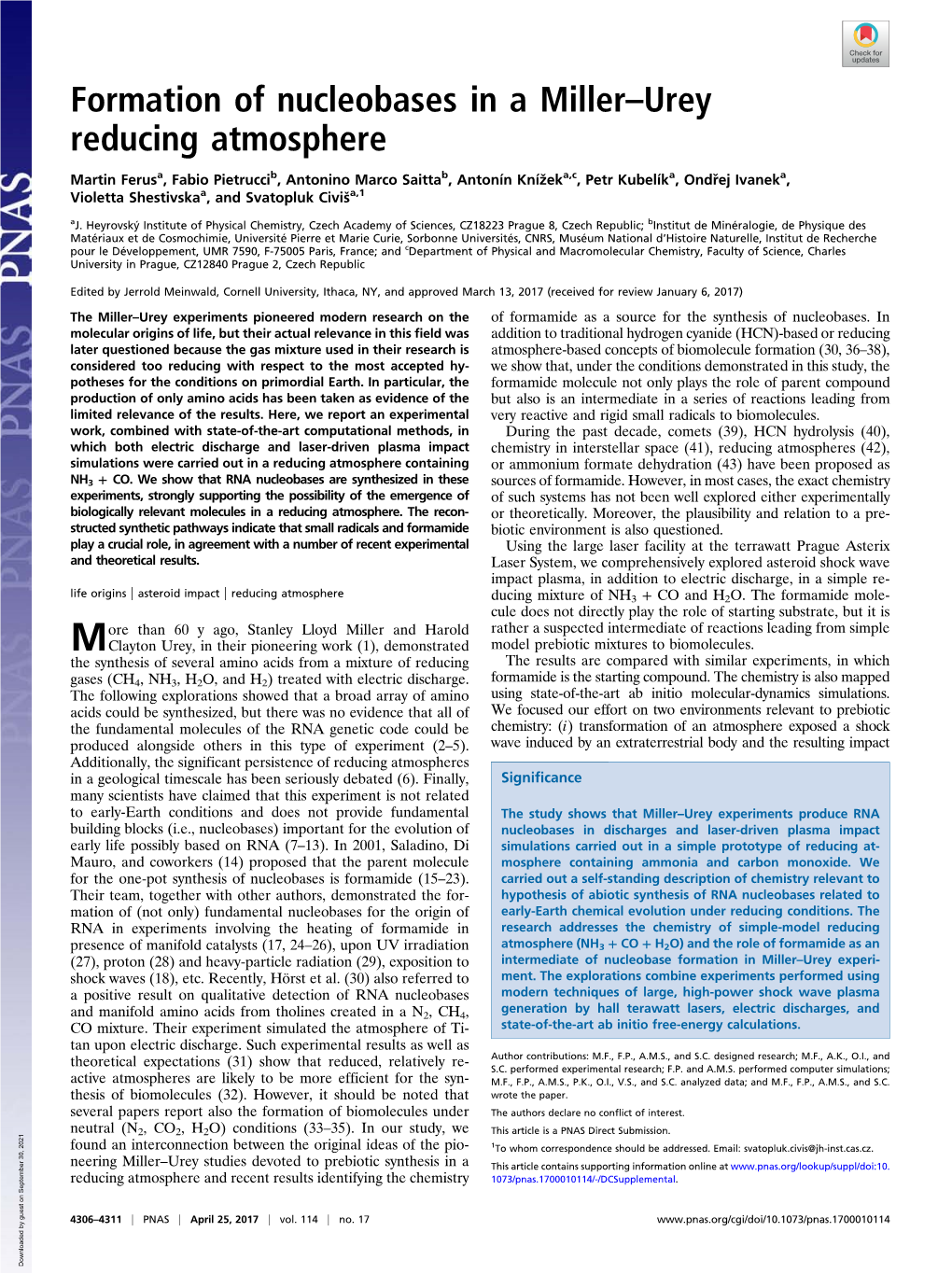 Formation of Nucleobases in a Miller–Urey Reducing Atmosphere