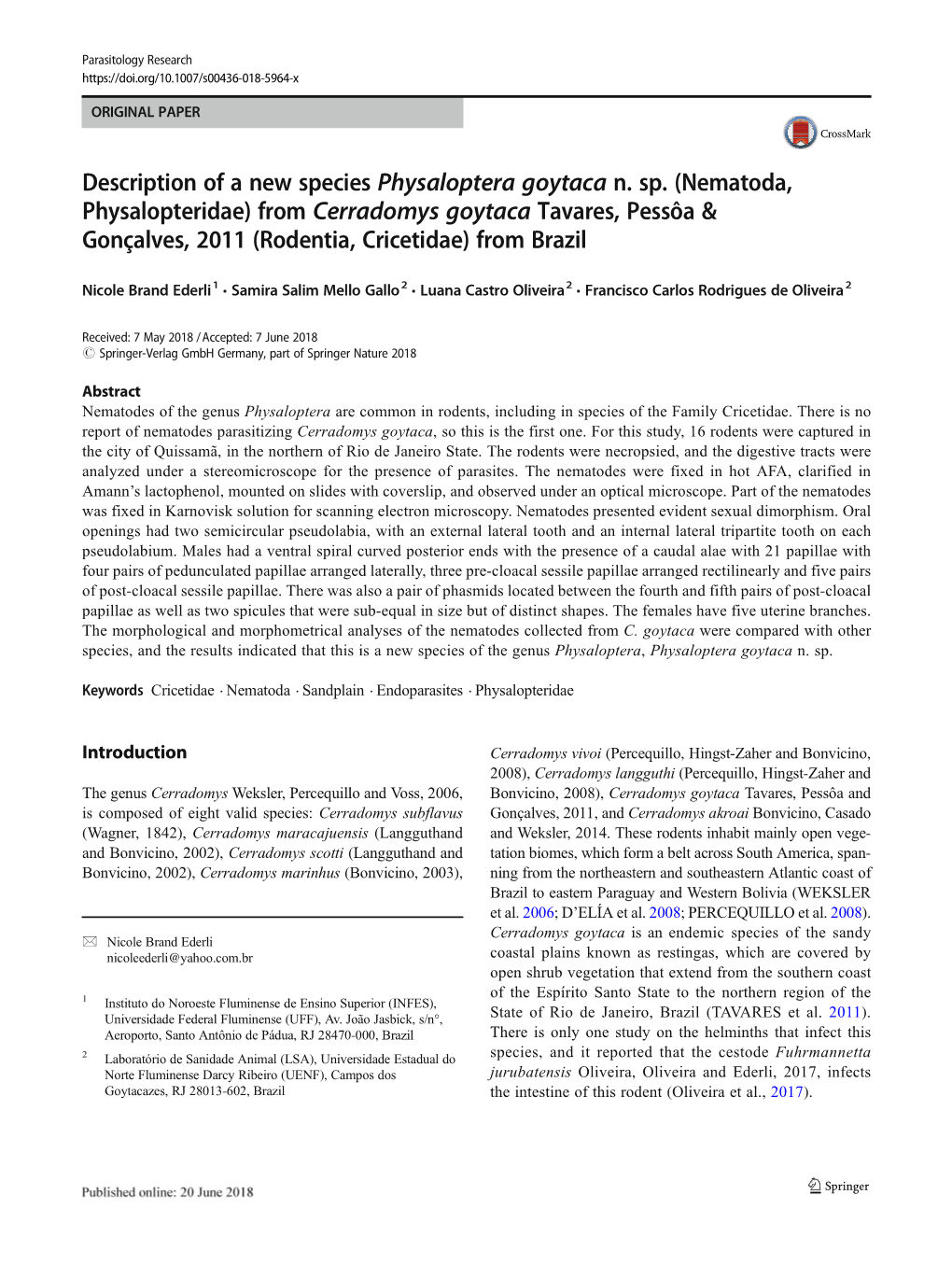 Description of a New Species Physaloptera Goytaca N. Sp