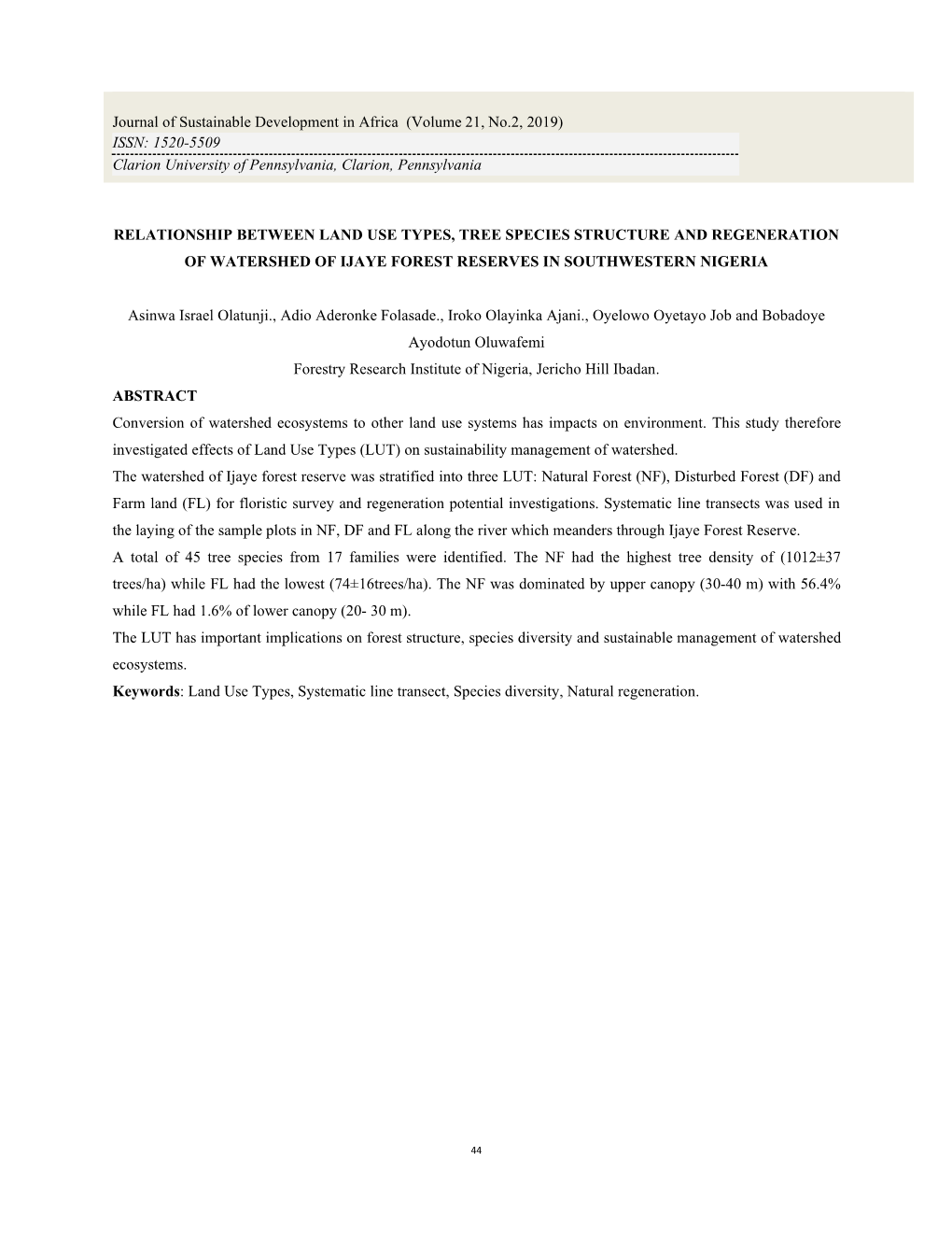 Relationship Between Land Use Types, Tree Species Structure and Regeneration of Watershed of Ijaye Forest Reserves in Southwestern Nigeria