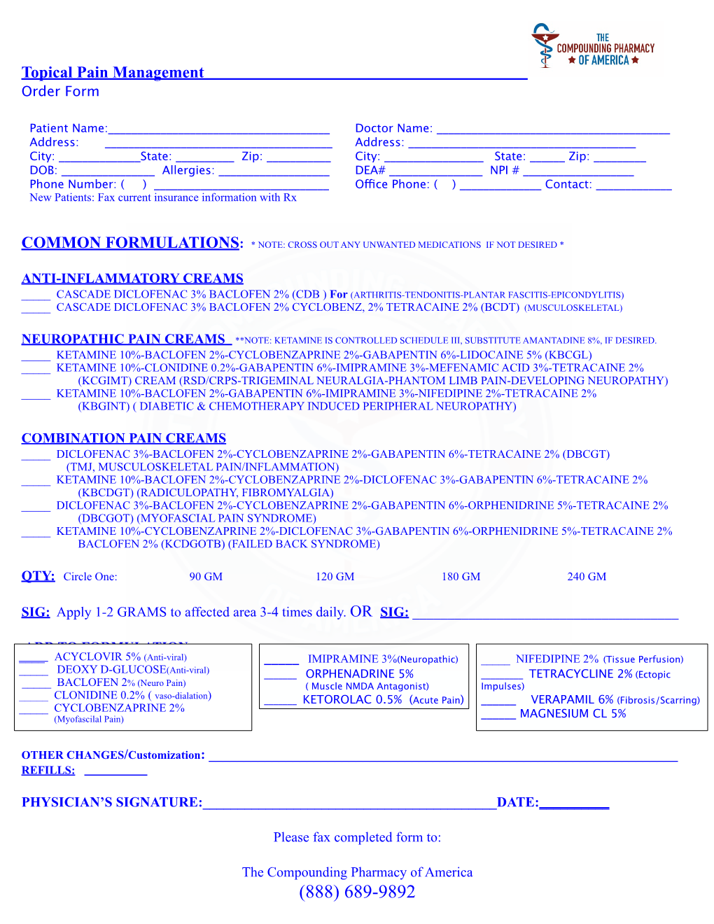 Topical Pain Management Order Form