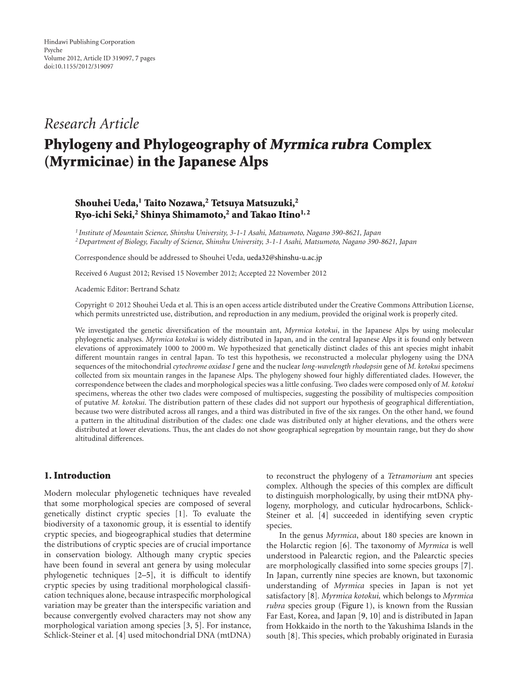 Phylogeny and Phylogeography of Myrmica Rubra Complex (Myrmicinae) in the Japanese Alps