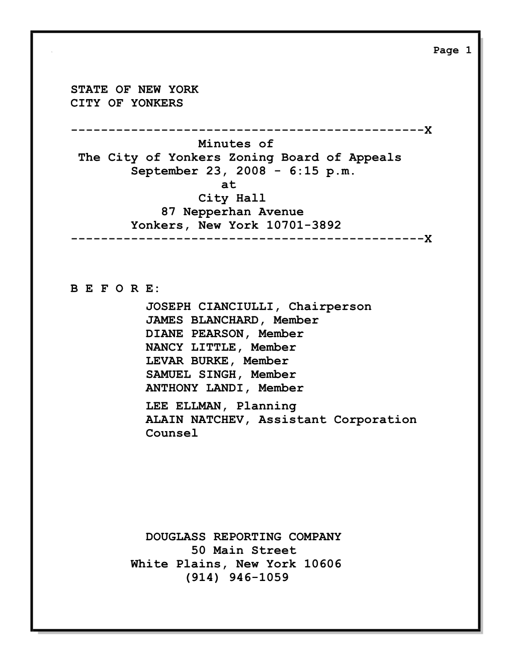 X Minutes of the City of Yonkers Zoning Board of Appeals September 23, 2008 - 6:15 P.M