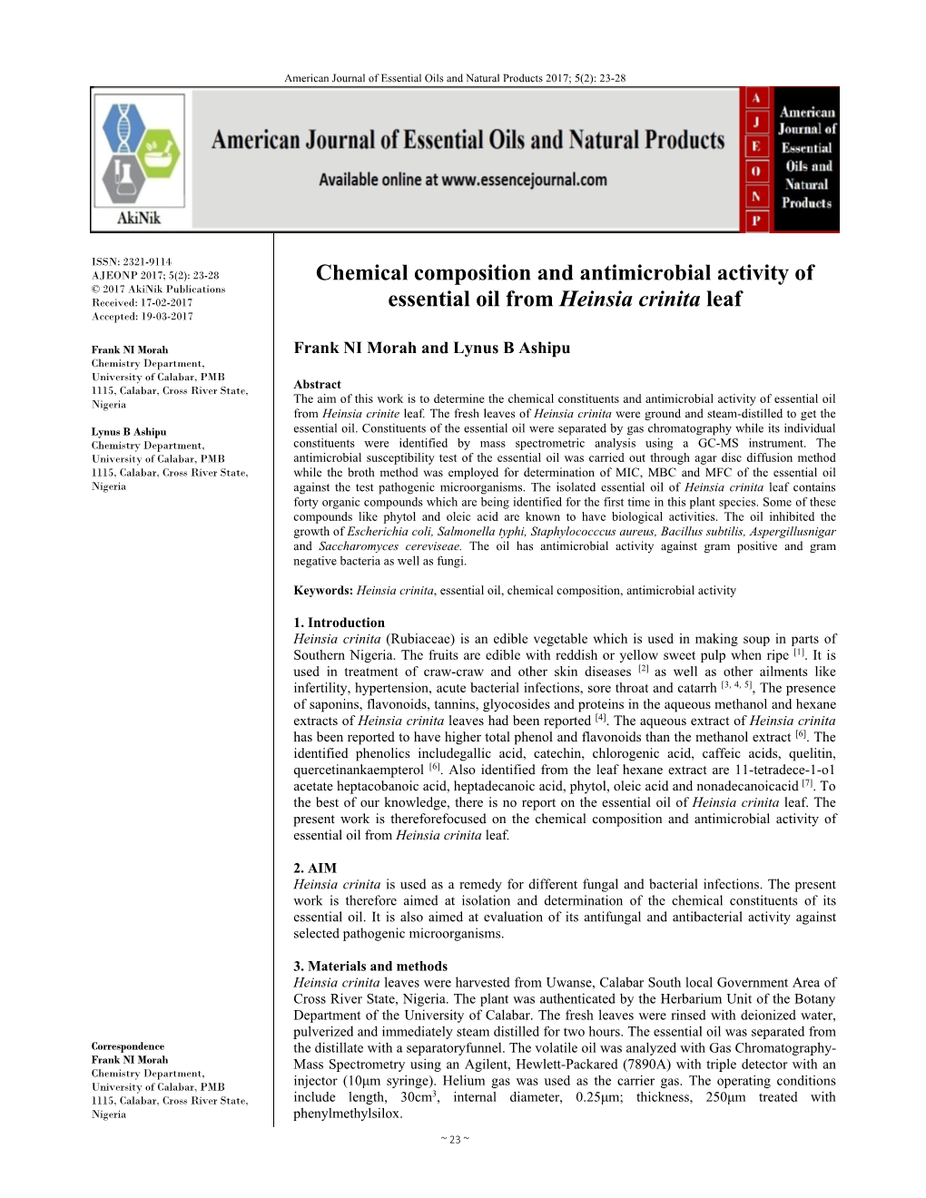 Chemical Composition and Antimicrobial Activity of Essential Oil