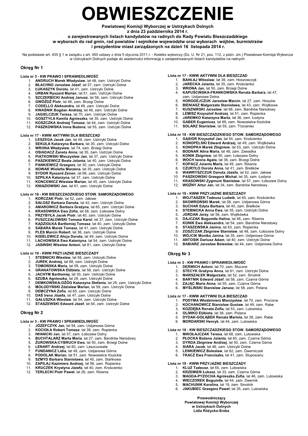 OBWIESZCZENIE Powiatowej Komisji Wyborczej W Ustrzykach Dolnych Z Dnia 23 Pa Ździernika 2014 R