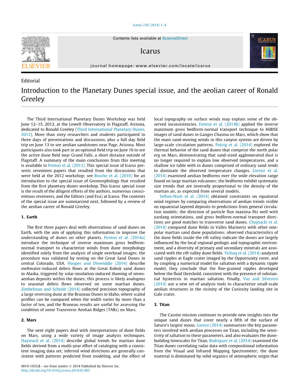 Introduction to the Planetary Dunes Special Issue, and the Aeolian Career of Ronald Greeley