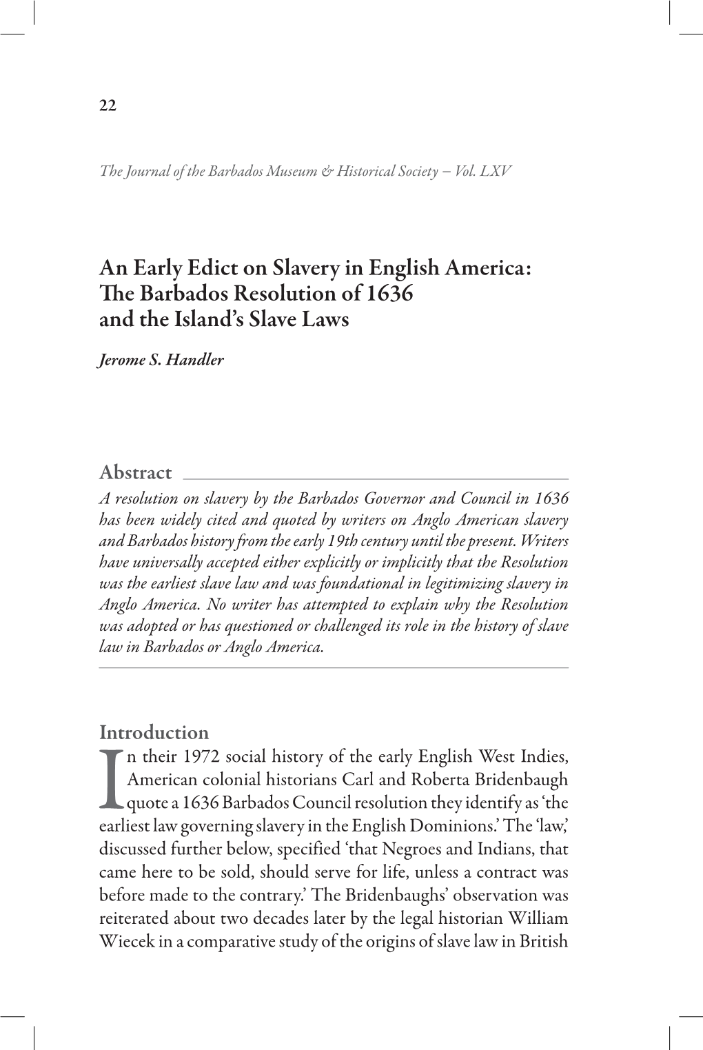 An Early Edict on Slavery in English America: the Barbados Resolution of 1636 and the Island’S Slave Laws