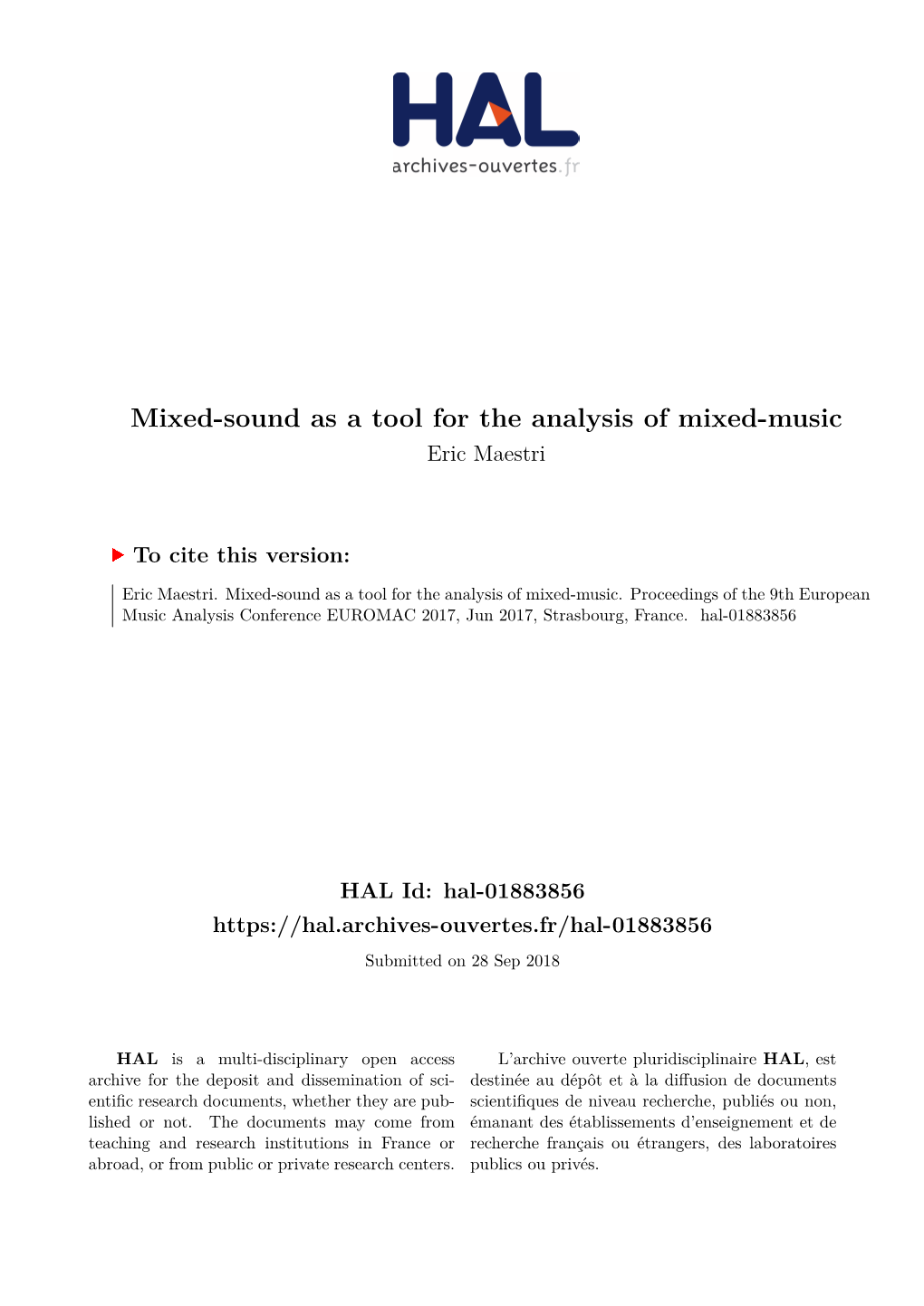 Mixed-Sound As a Tool for the Analysis of Mixed-Music Eric Maestri