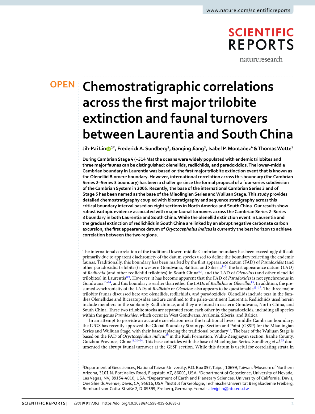 Chemostratigraphic Correlations Across the First Major Trilobite