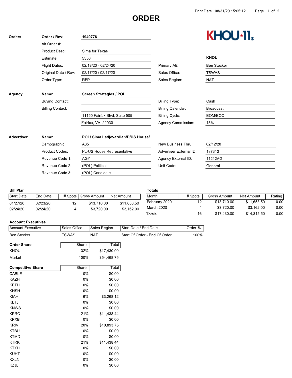 Estimate: 5556 Sima for Texas Flight Dates: Order / Rev: Original D