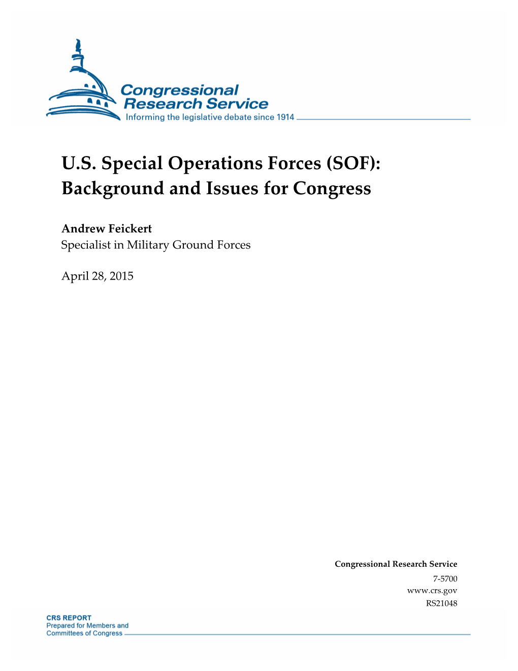 U.S. Special Operations Forces (SOF): Background and Issues for Congress