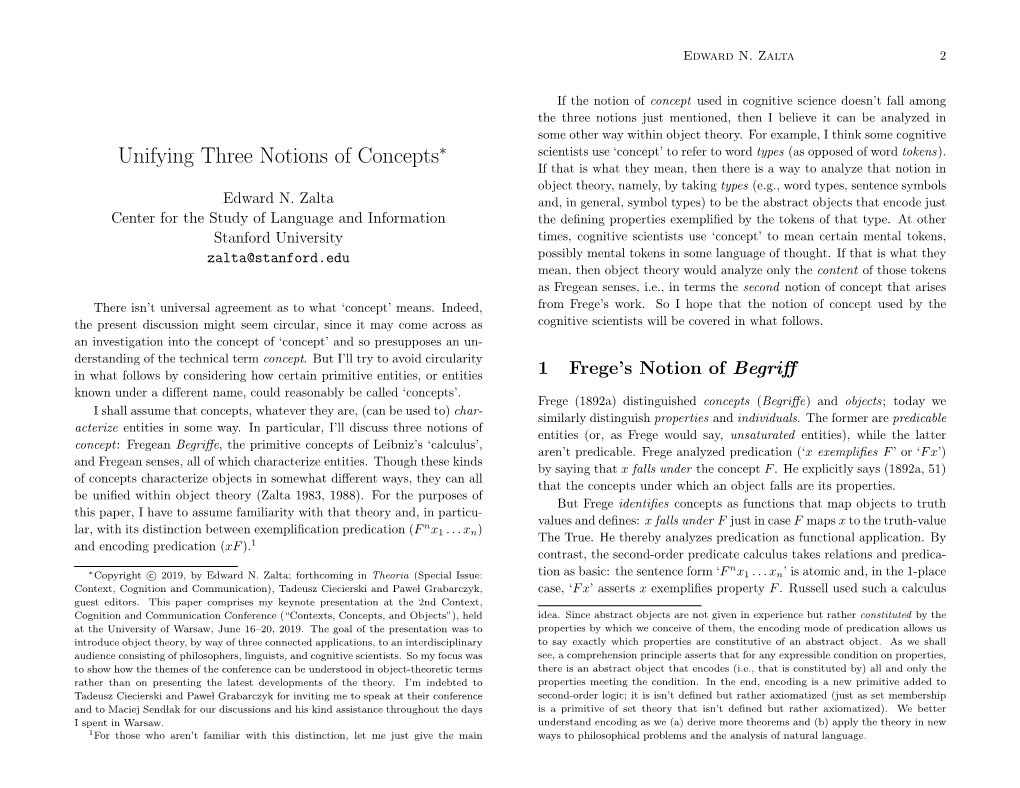 Unifying Three Notions of Concepts∗ Scientists Use ‘Concept’ to Refer to Word Types (As Opposed of Word Tokens)