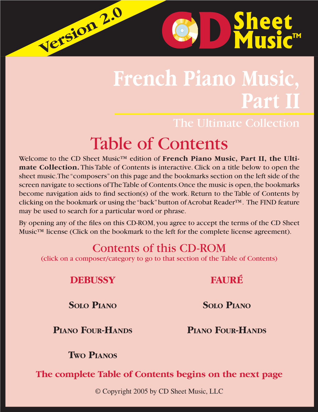 Table of Contents Welcome to the CD Sheet Music™ Edition of French Piano Music, Part II, the Ulti- Mate Collection