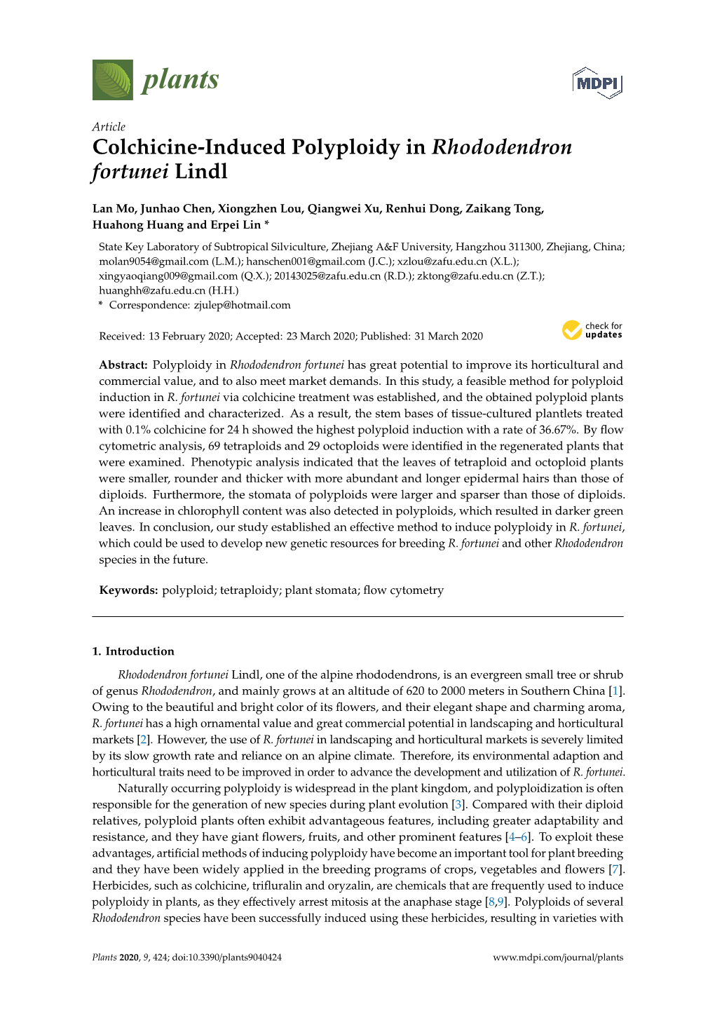 Colchicine-Induced Polyploidy in Rhododendron Fortunei Lindl