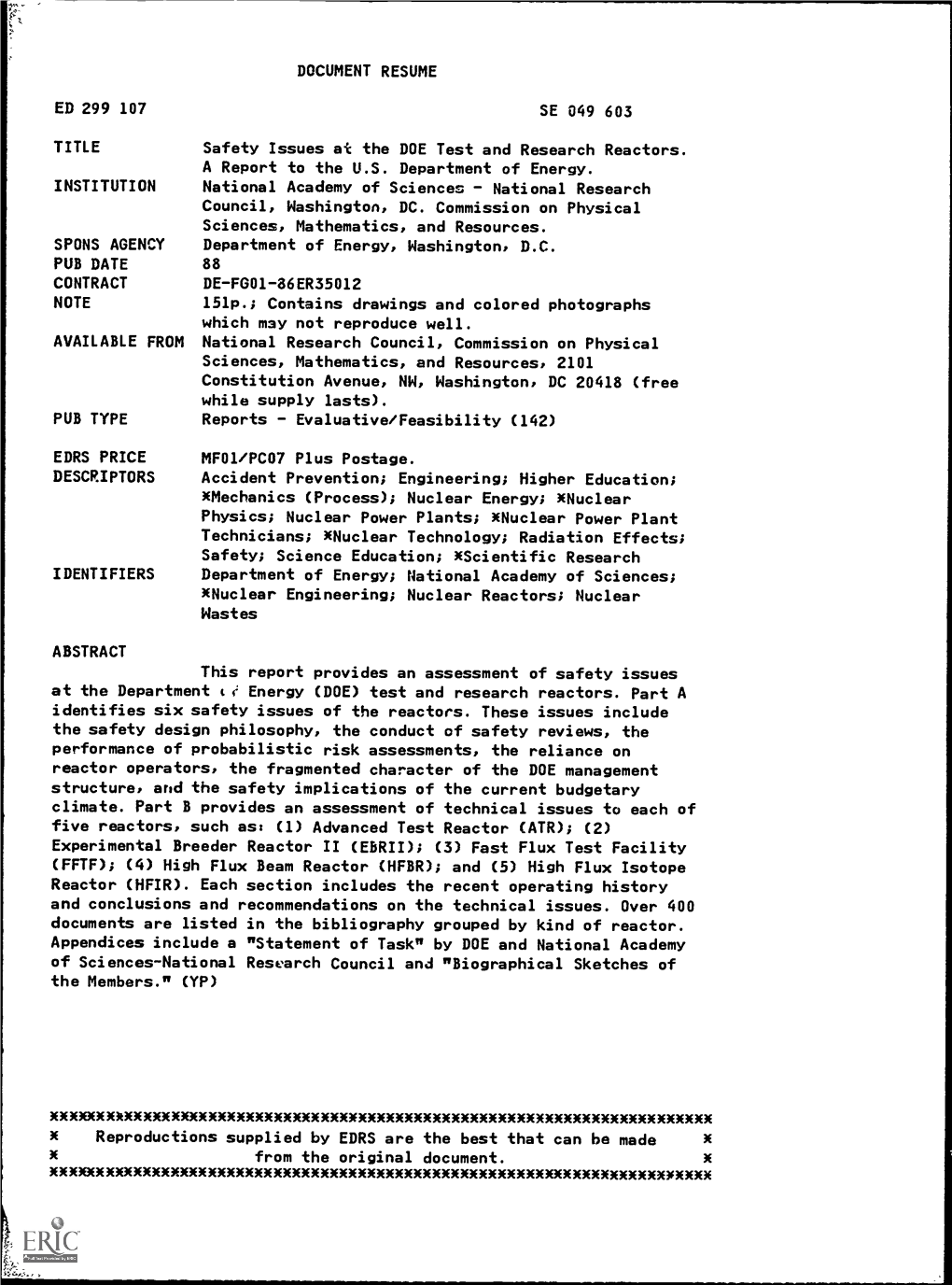 Safety Issues at the DOE Test and Research Reactors. a Report to the U.S