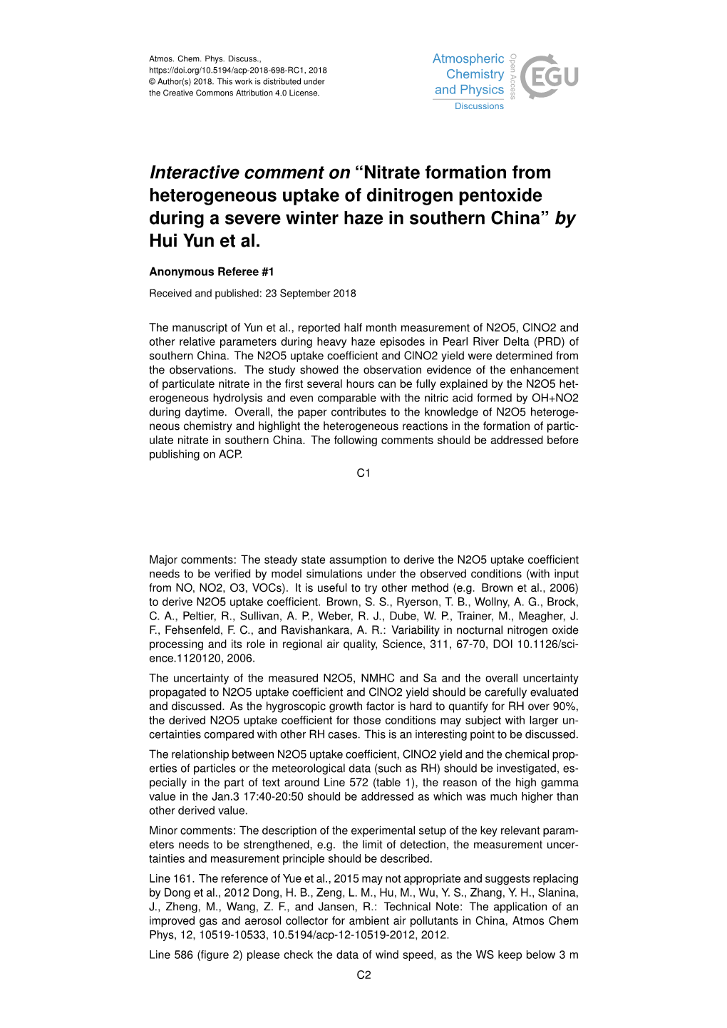 Nitrate Formation from Heterogeneous Uptake of Dinitrogen Pentoxide During a Severe Winter Haze in Southern China” by Hui Yun Et Al