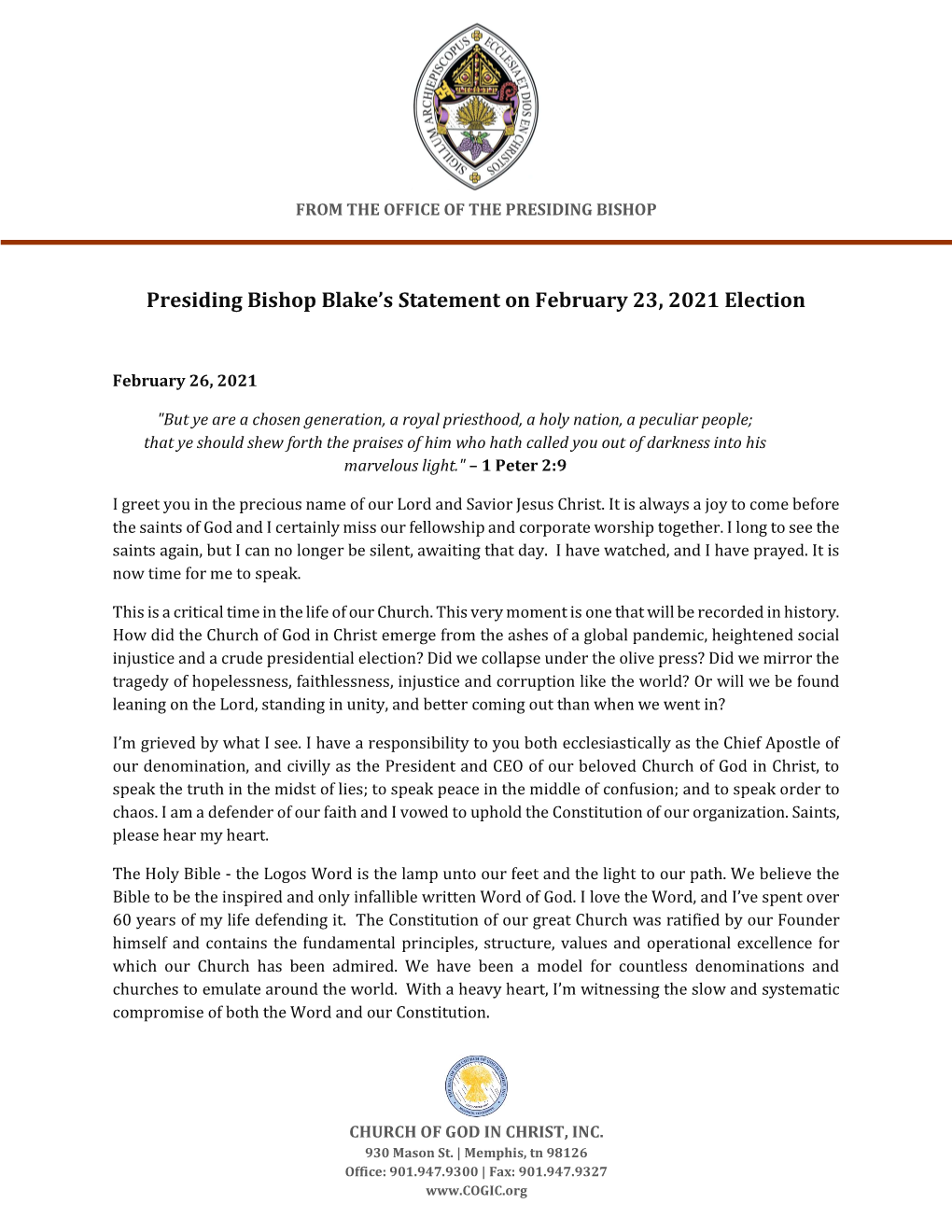 Presiding Bishop Blake's Statement on February 23, 2021 Election