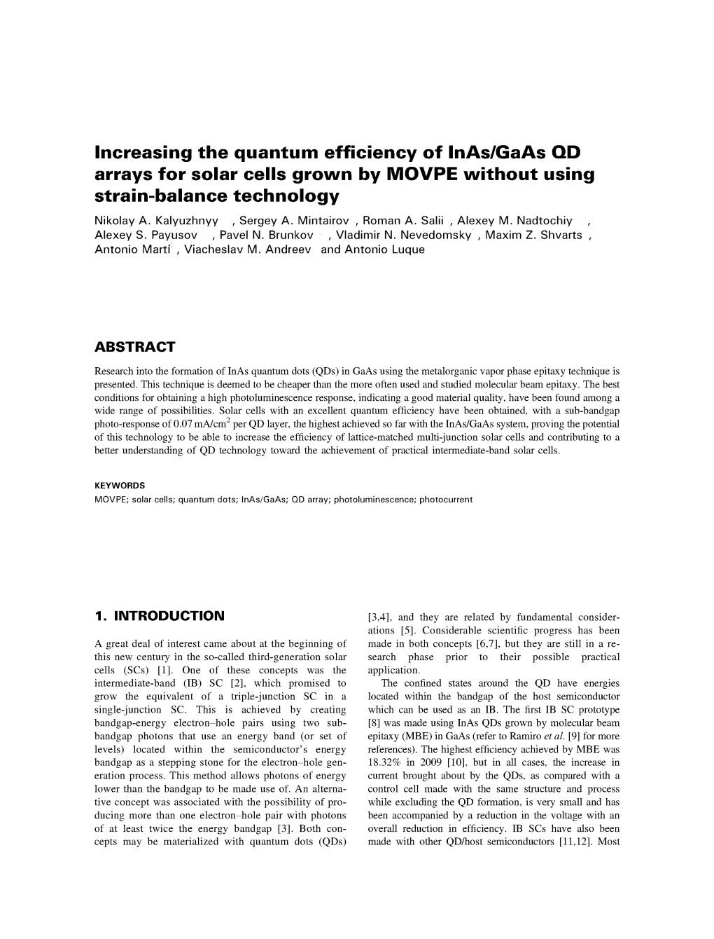 Increasing the Quantum Efficiency of Inas/Gaas QD Arrays for Solar Cells Grown by MOVPE Without Using Strain-Balance Technology Nikolay A