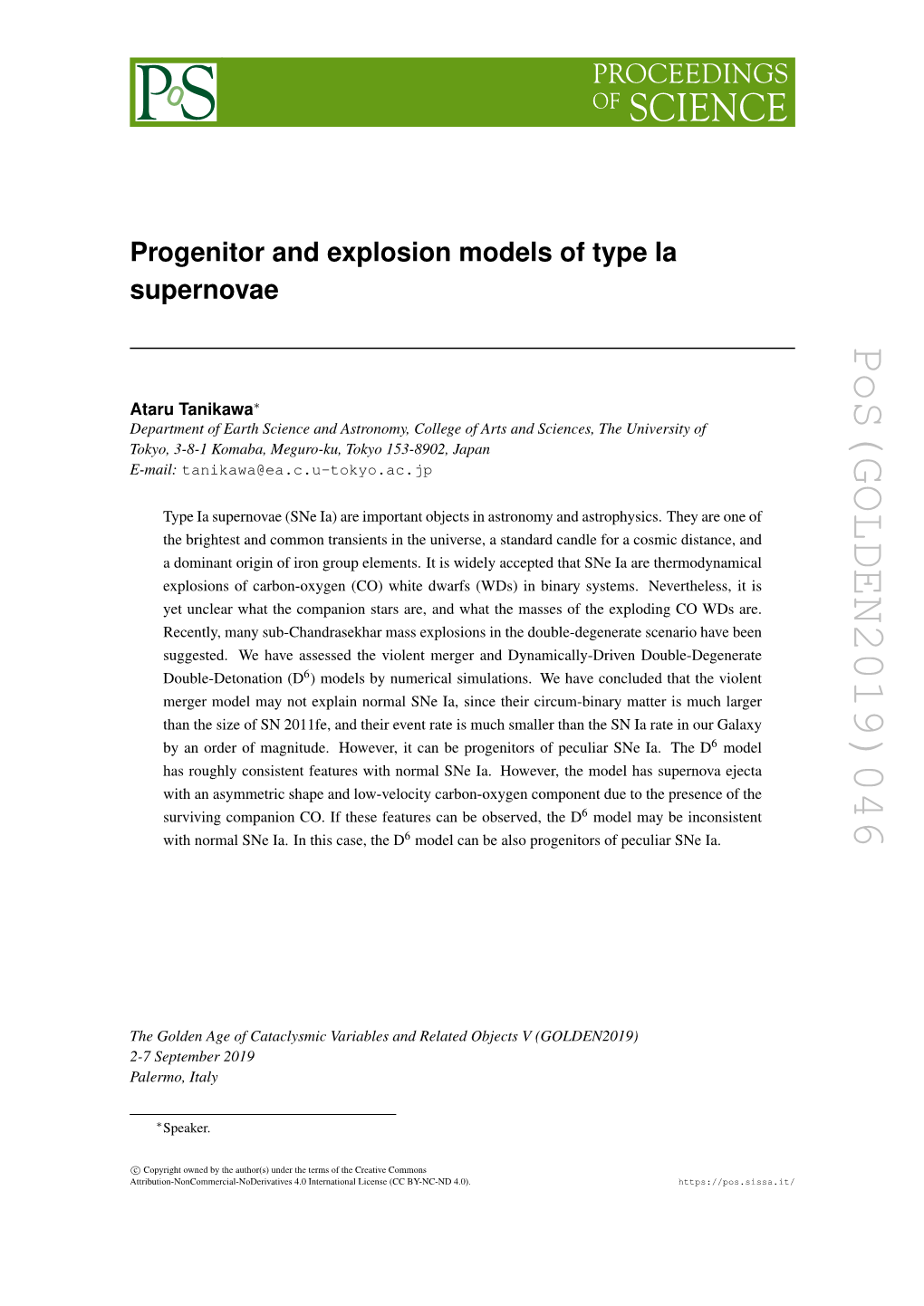 Pos(GOLDEN2019)046 Model 6 Model May Be Inconsistent 6 Model Can Be Also Progenitors of Peculiar Sne Ia