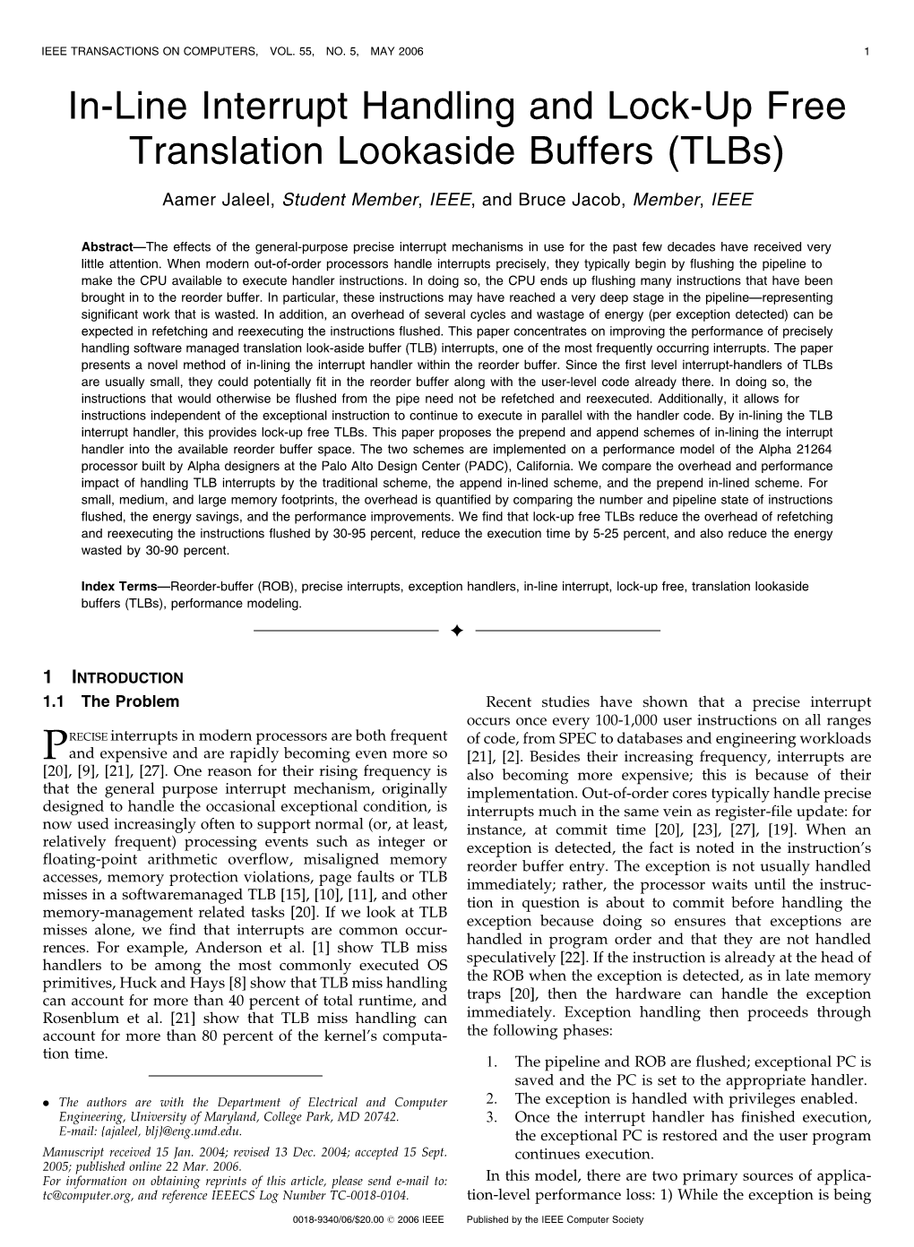 In-Line Interrupt Handling and Lock-Up Free Translation Lookaside Buffers (Tlbs)