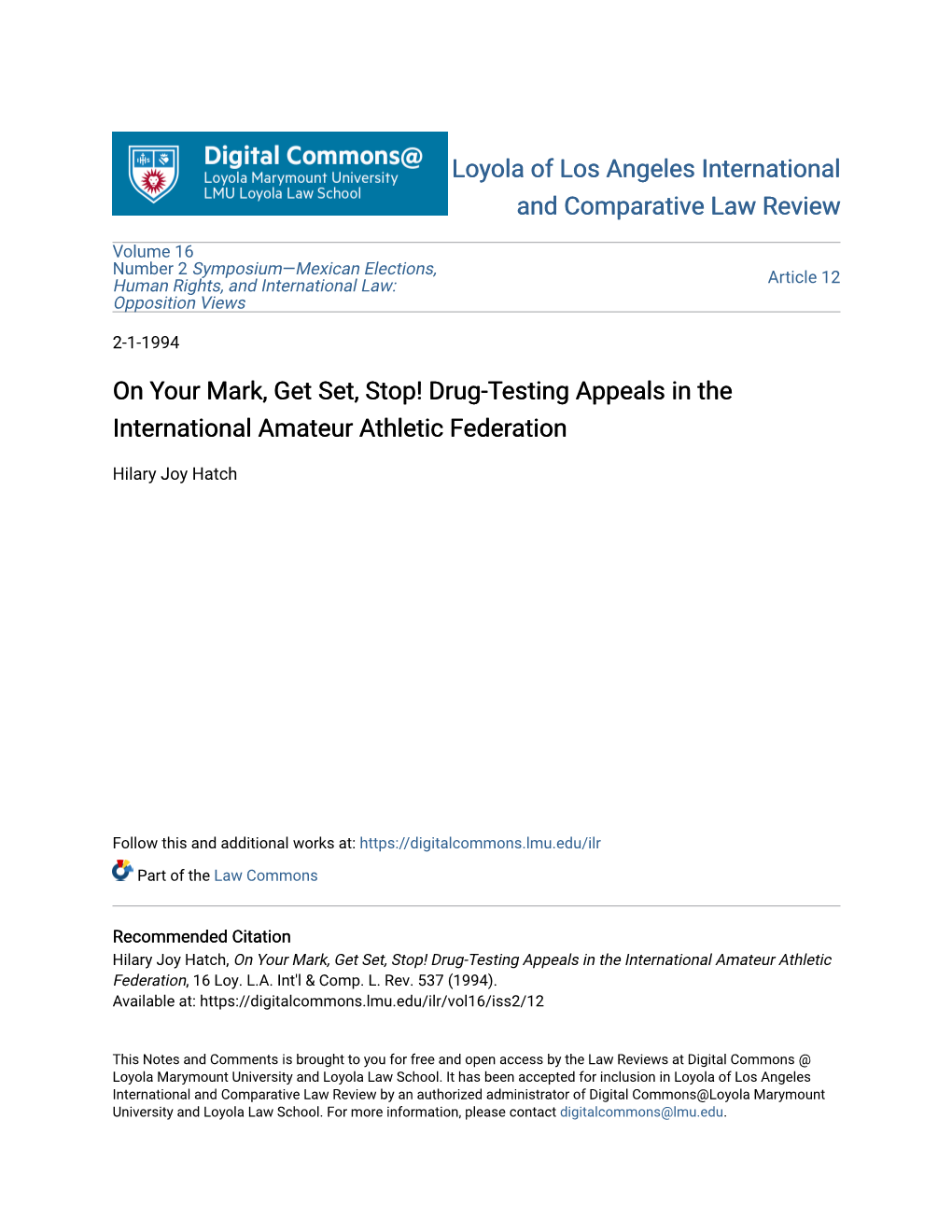 On Your Mark, Get Set, Stop! Drug-Testing Appeals in the International Amateur Athletic Federation