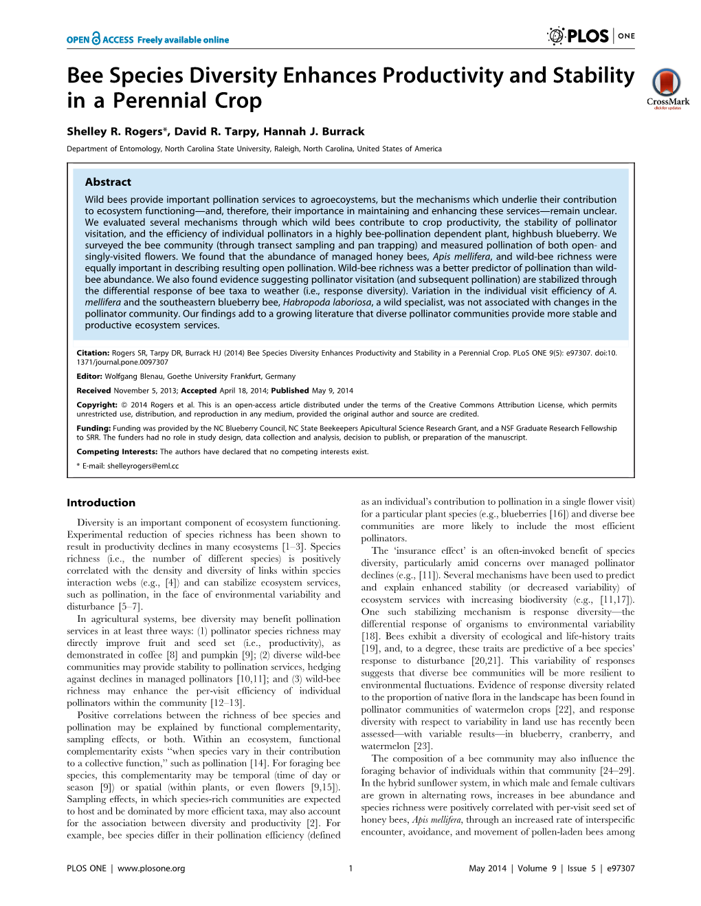 Bee Species Diversity Enhances Productivity and Stability in a Perennial Crop