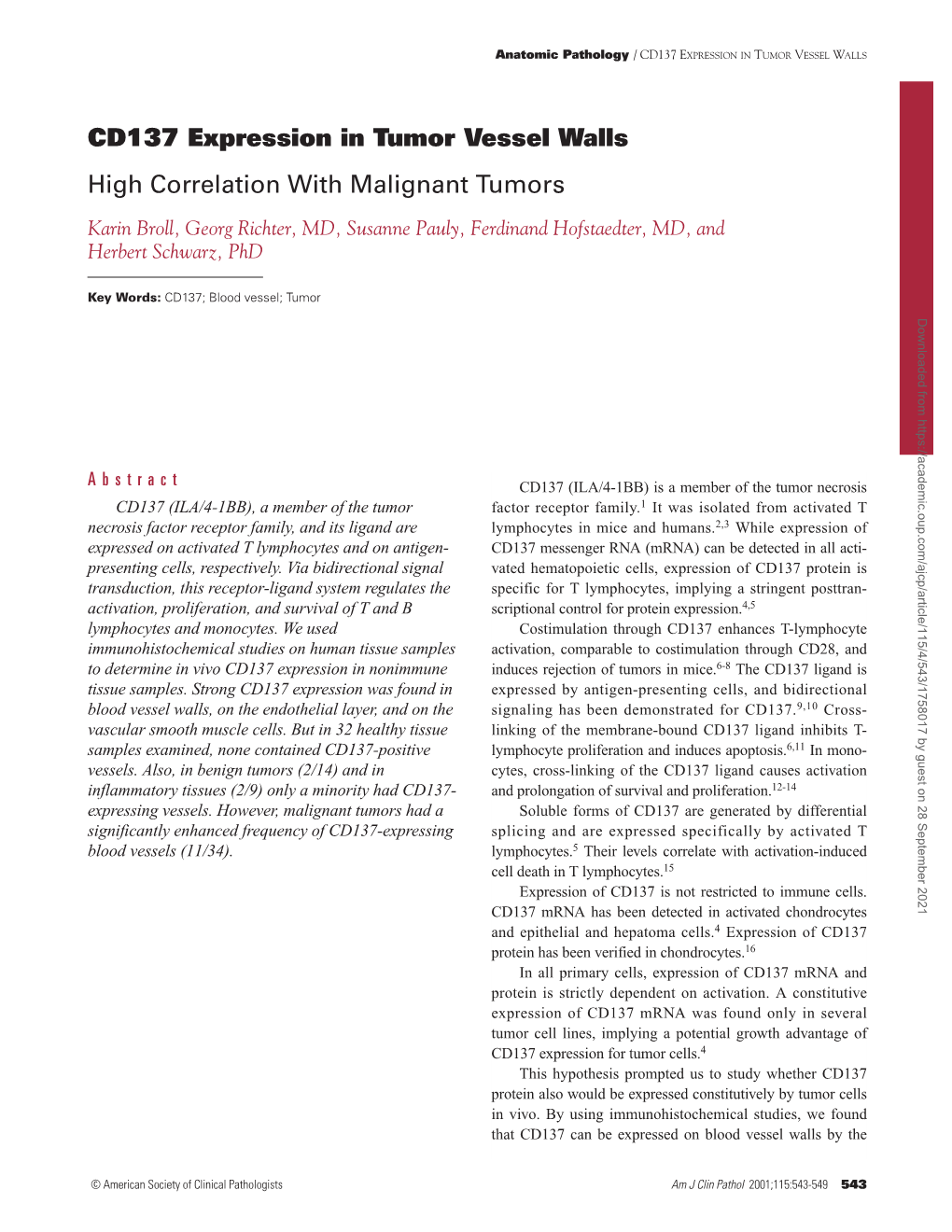 CD137 Expression in Tumor Vessel Walls High Correlation with Malignant Tumors