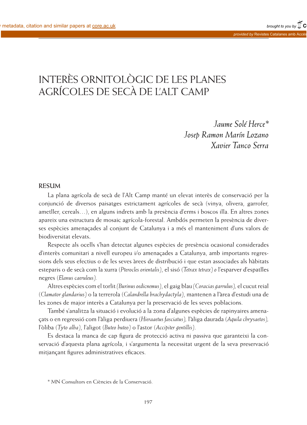 Interès Ornitològic De Les Planes Agrícoles De Secà De L'alt Camp