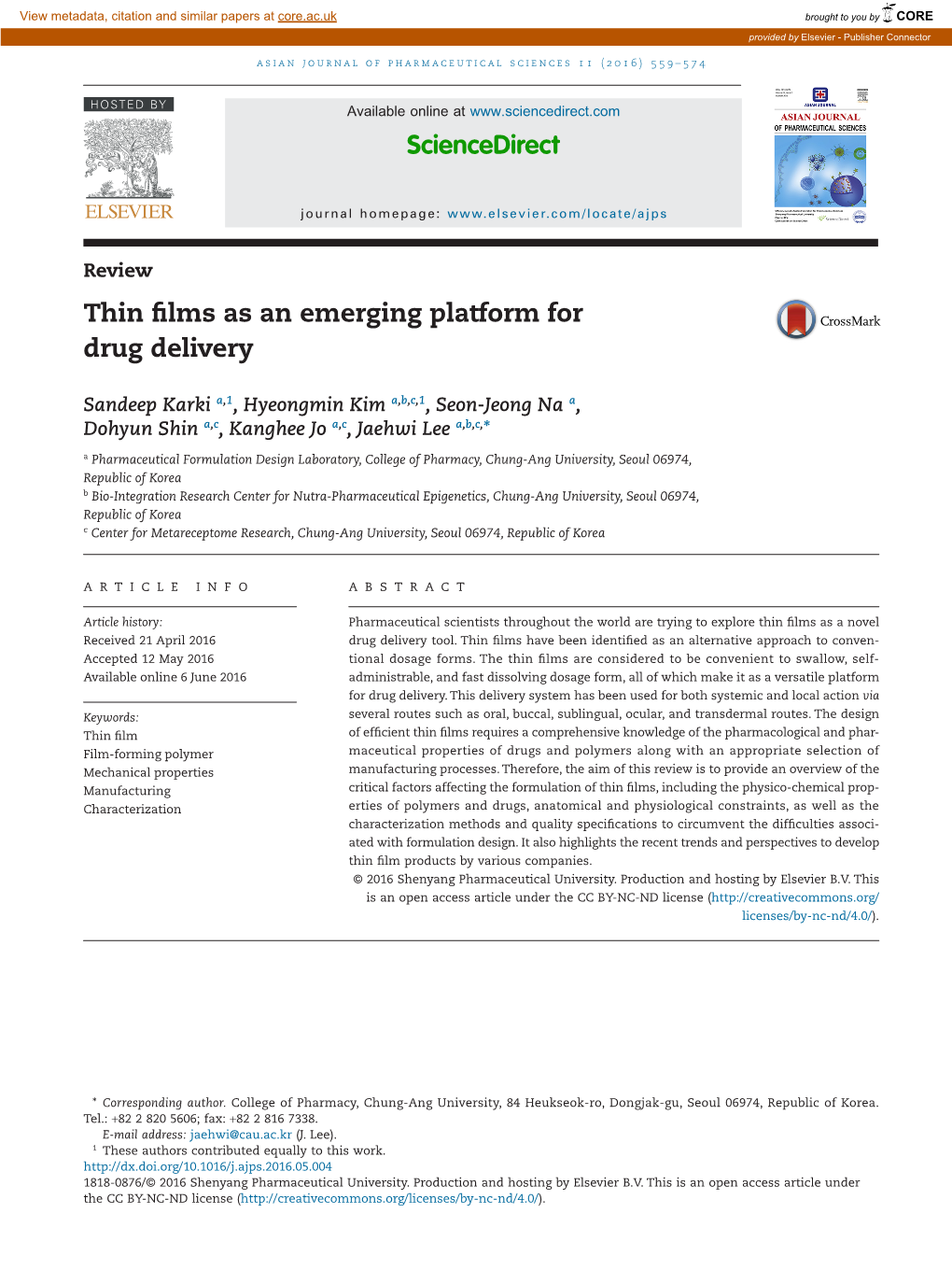 Thin Films As an Emerging Platform for Drug Delivery