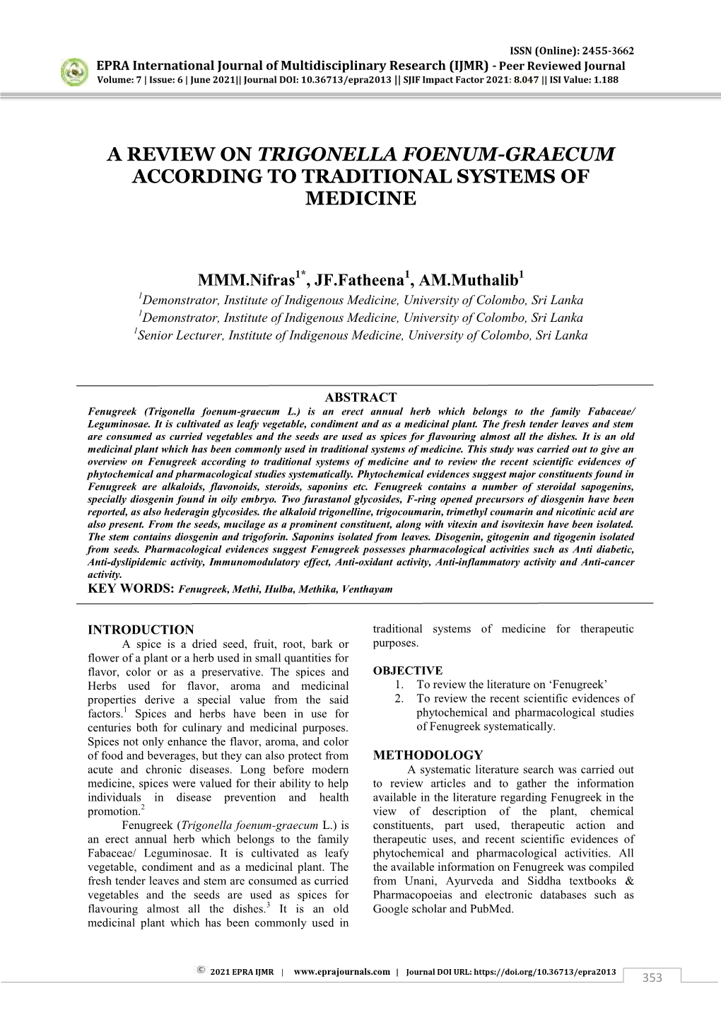 A Review on Trigonella Foenum-Graecum According to Traditional Systems of Medicine