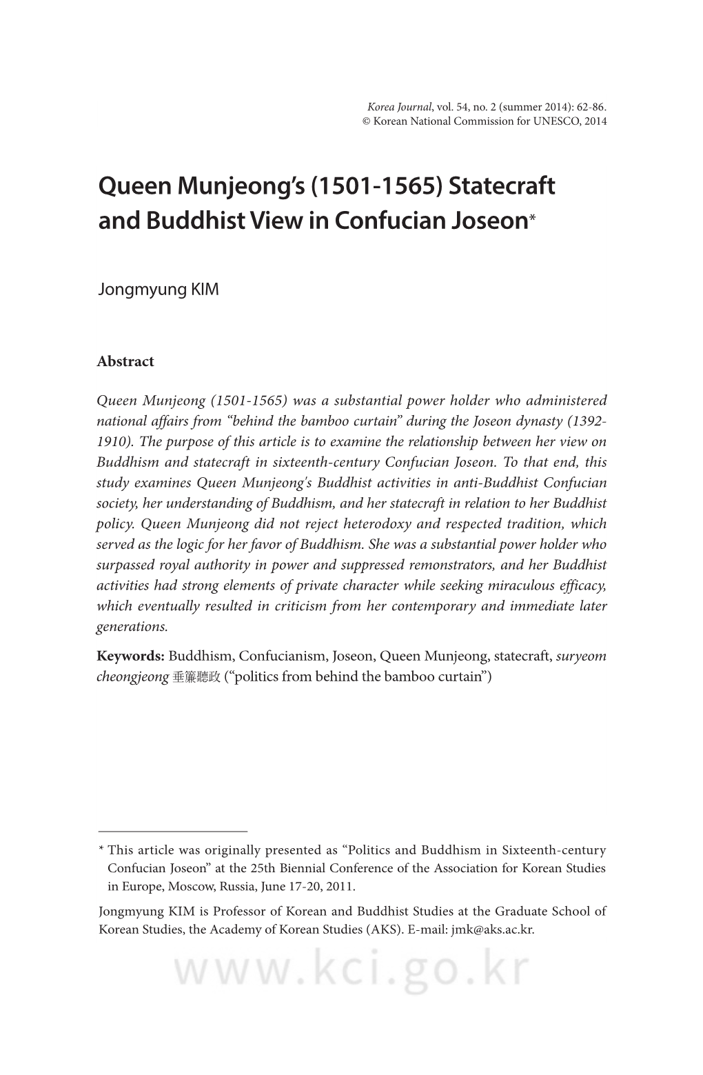 (1501-1565) Statecraft and Buddhist View in Confucian Joseon*