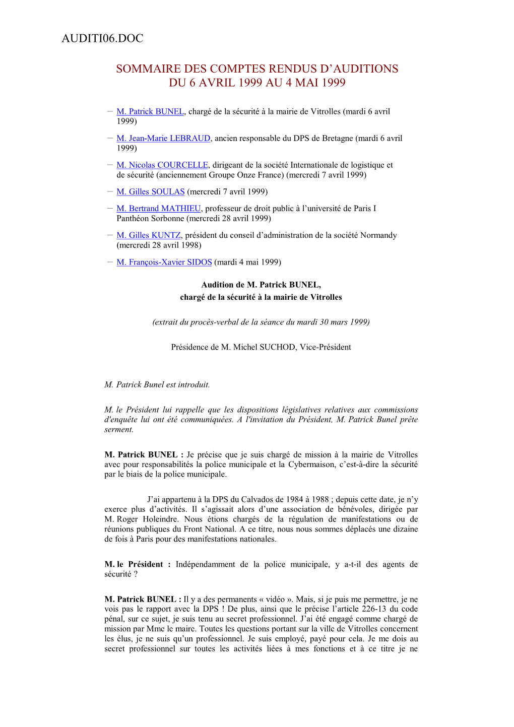 Auditi06.Doc Sommaire Des Comptes Rendus D'auditions