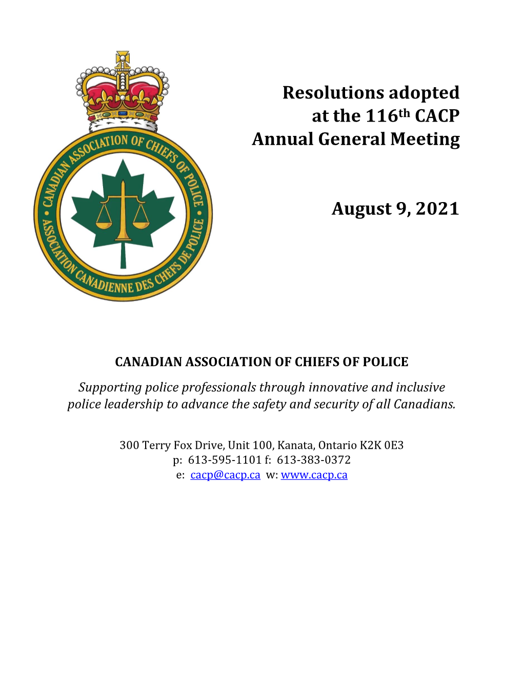 Resolutions Adopted at the 116Th CACP Annual General Meeting