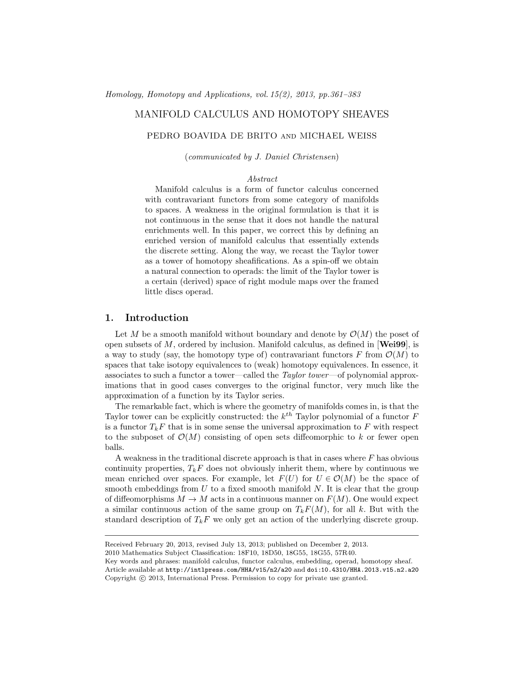 Manifold Calculus and Homotopy Sheaves 1