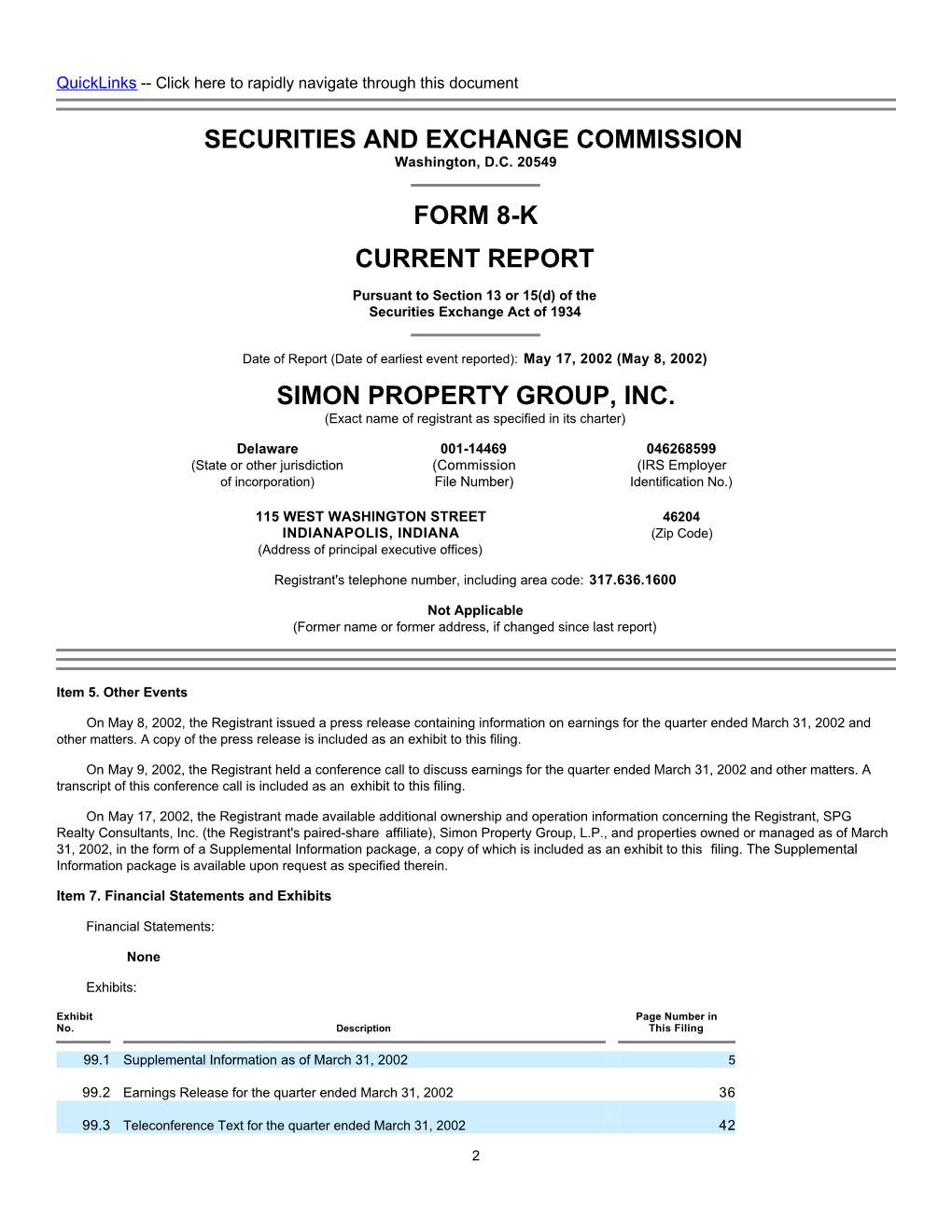 Securities and Exchange Commission Form 8-K Current Report Simon Property Group, Inc