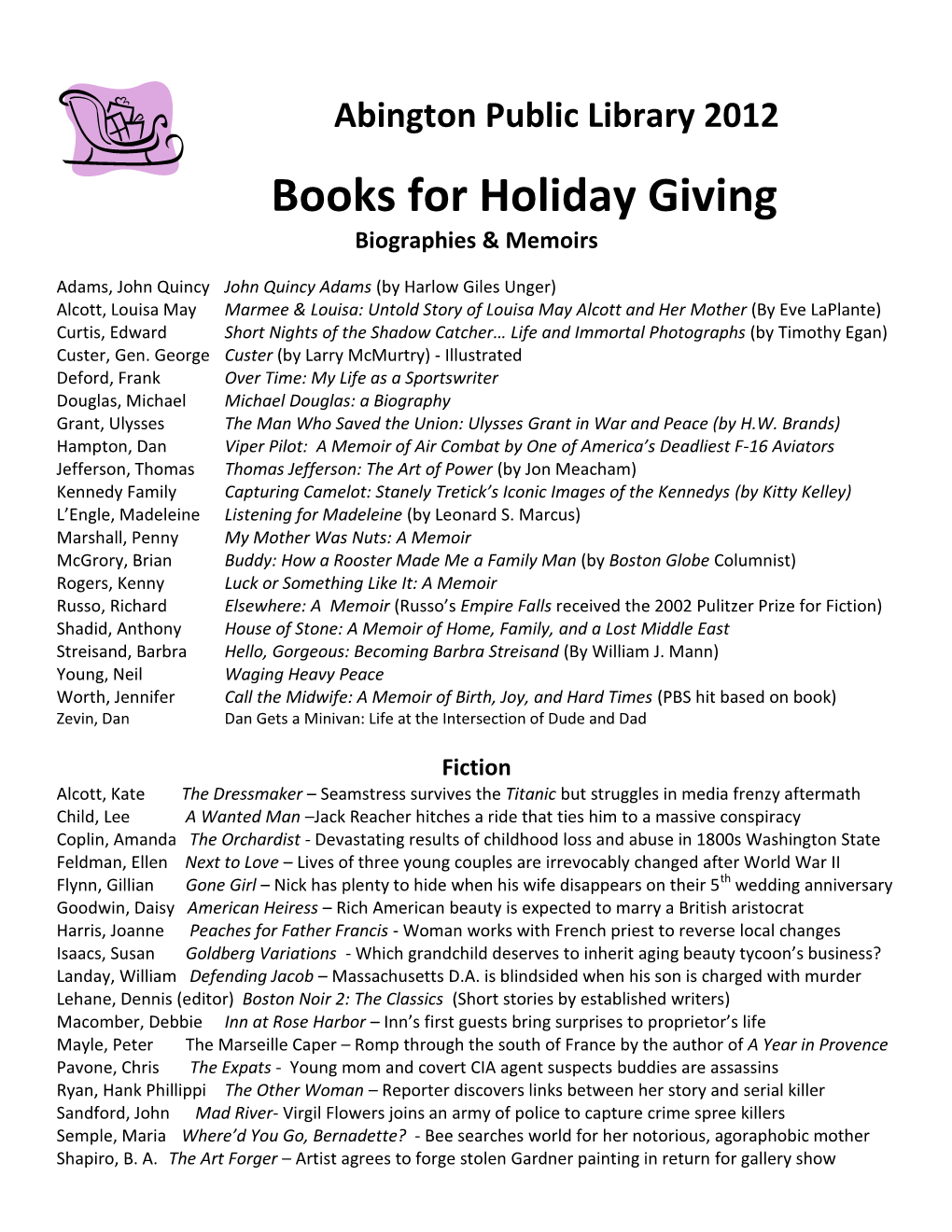 Books for Holiday Giving Biographies & Memoirs