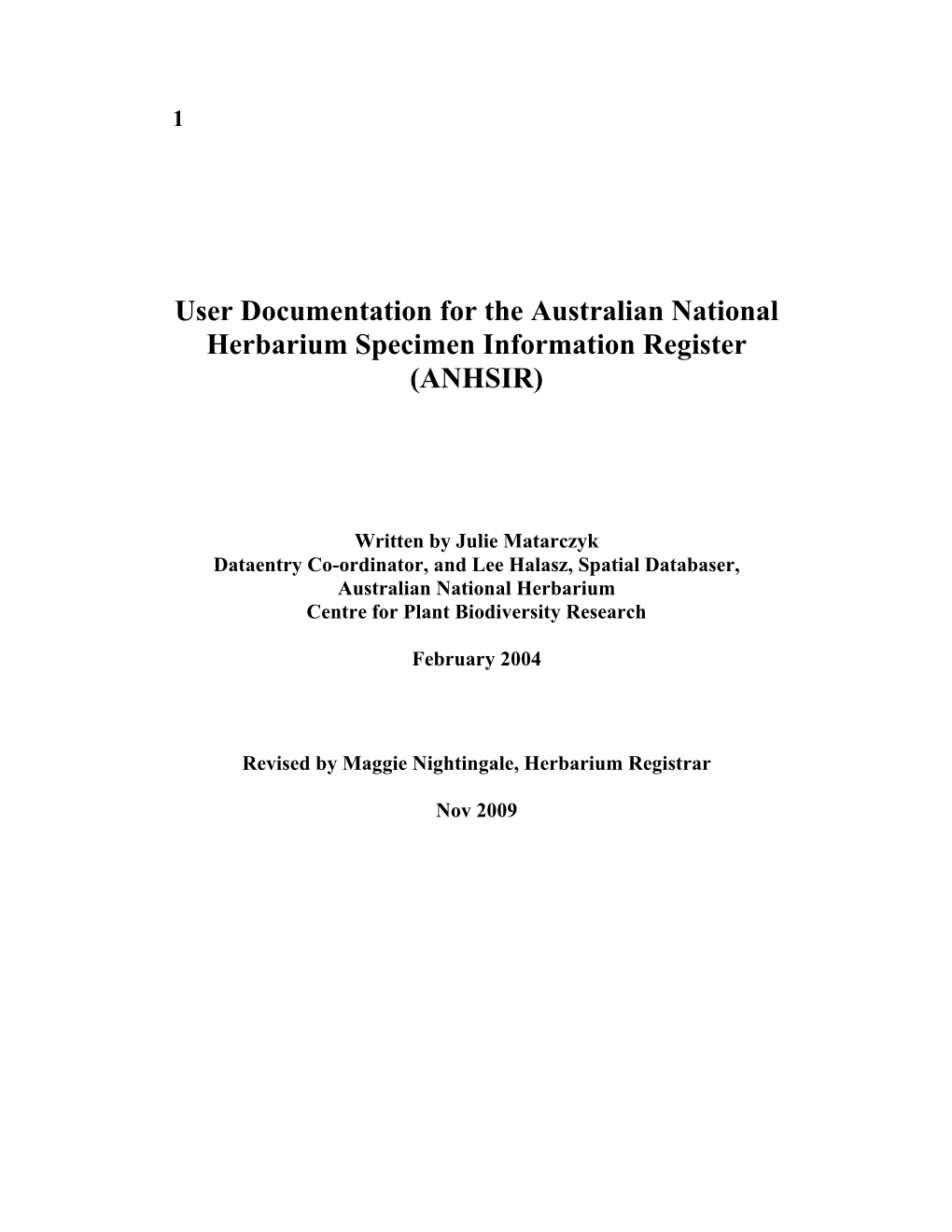 User Documentation for the Australian National Herbarium Specimen Information Register (ANHSIR)