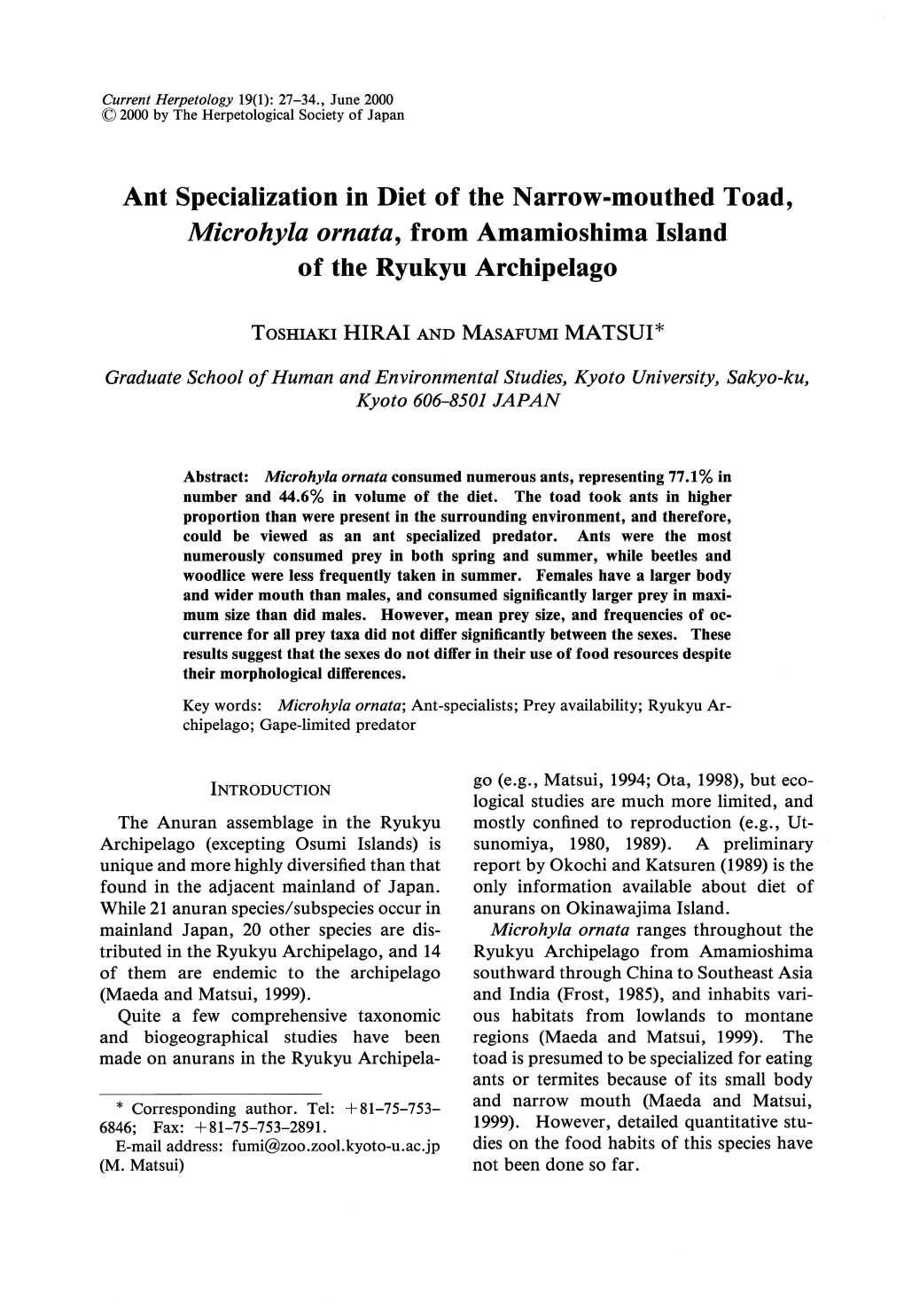 Ant Specialization in Diet of the Narrow-Mouthed Toad, Microhyla Ornata, from Amamioshima Island of the Ryukyu Archipelago