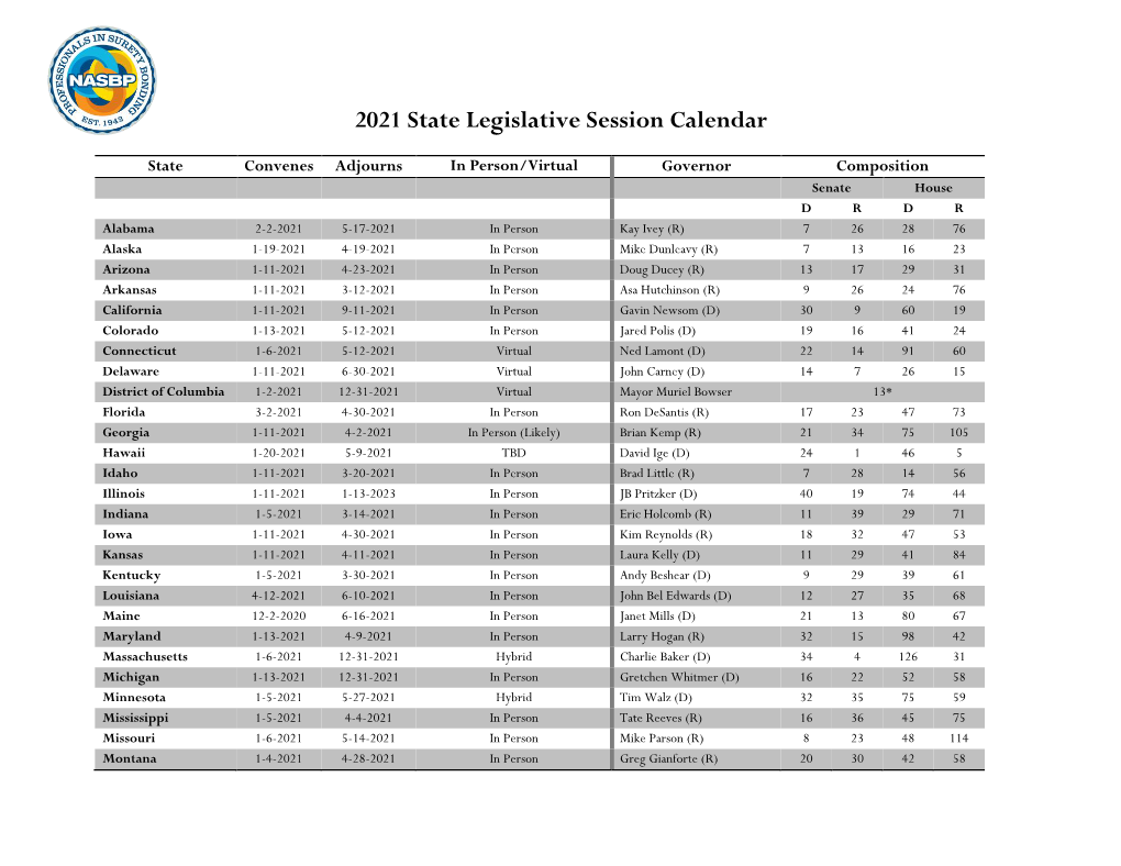 2021 State Legislative Session Calendar