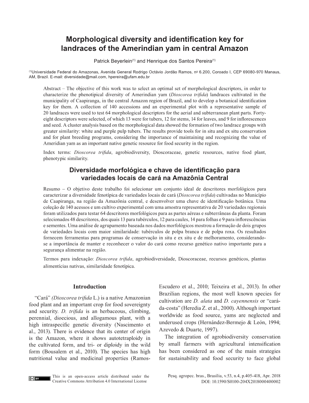 Morphological Diversity and Identification Key for Landraces of the Amerindian Yam in Central Amazon