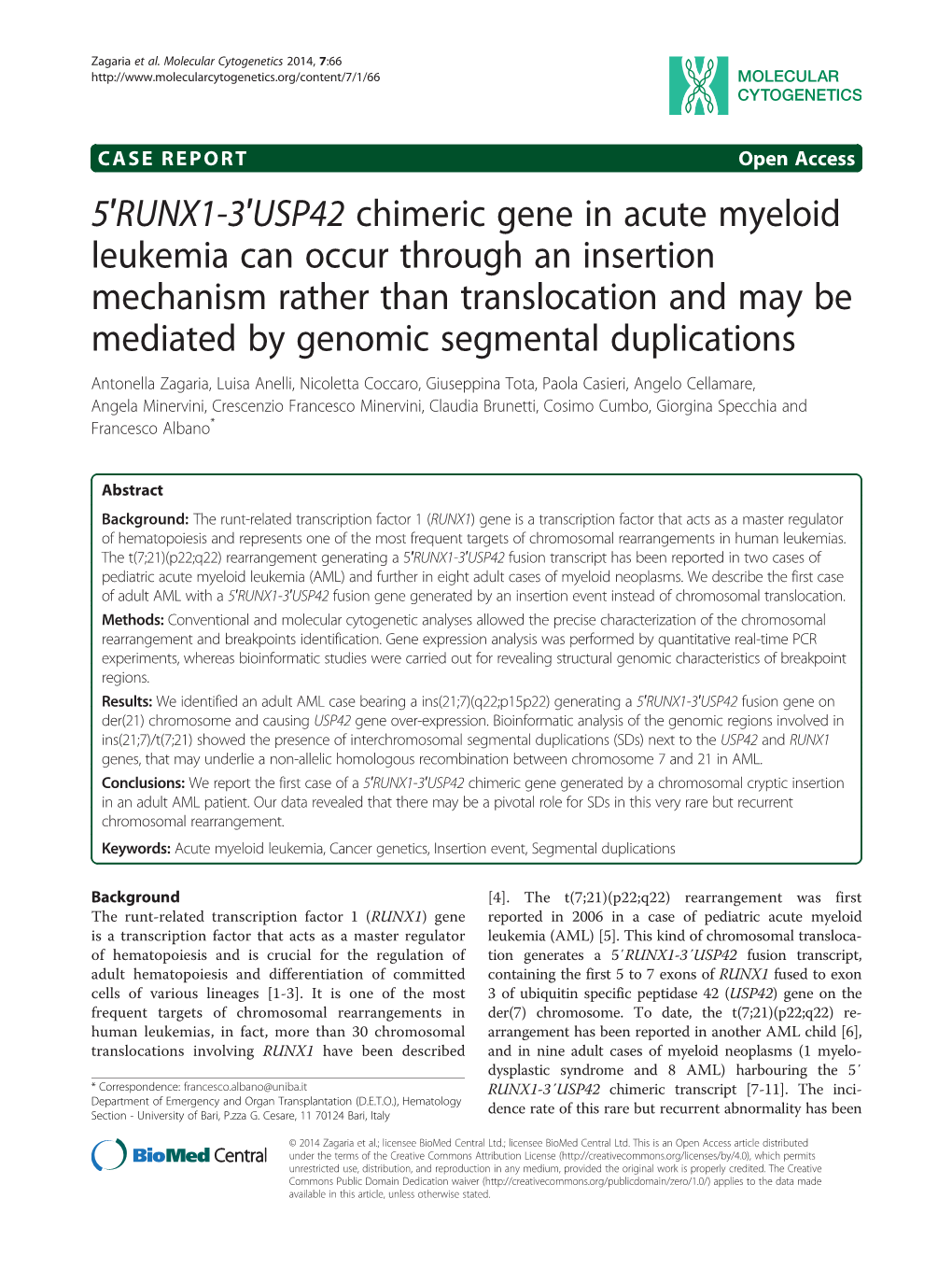 RUNX1-3′USP42 Chimeric Gene in Acute Myeloid Leukemia Can Occur