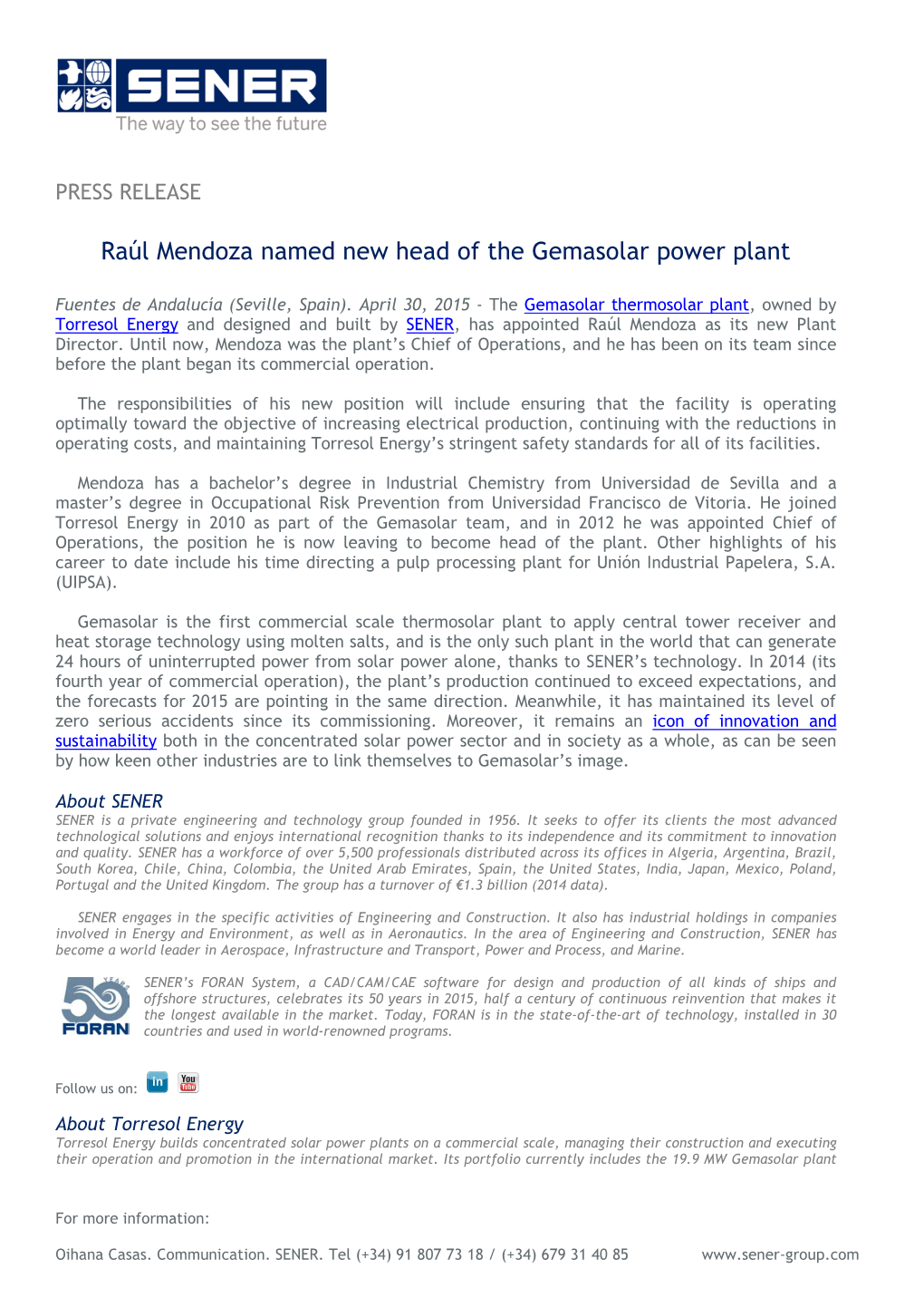 Raúl Mendoza Named New Head of the Gemasolar Power Plant
