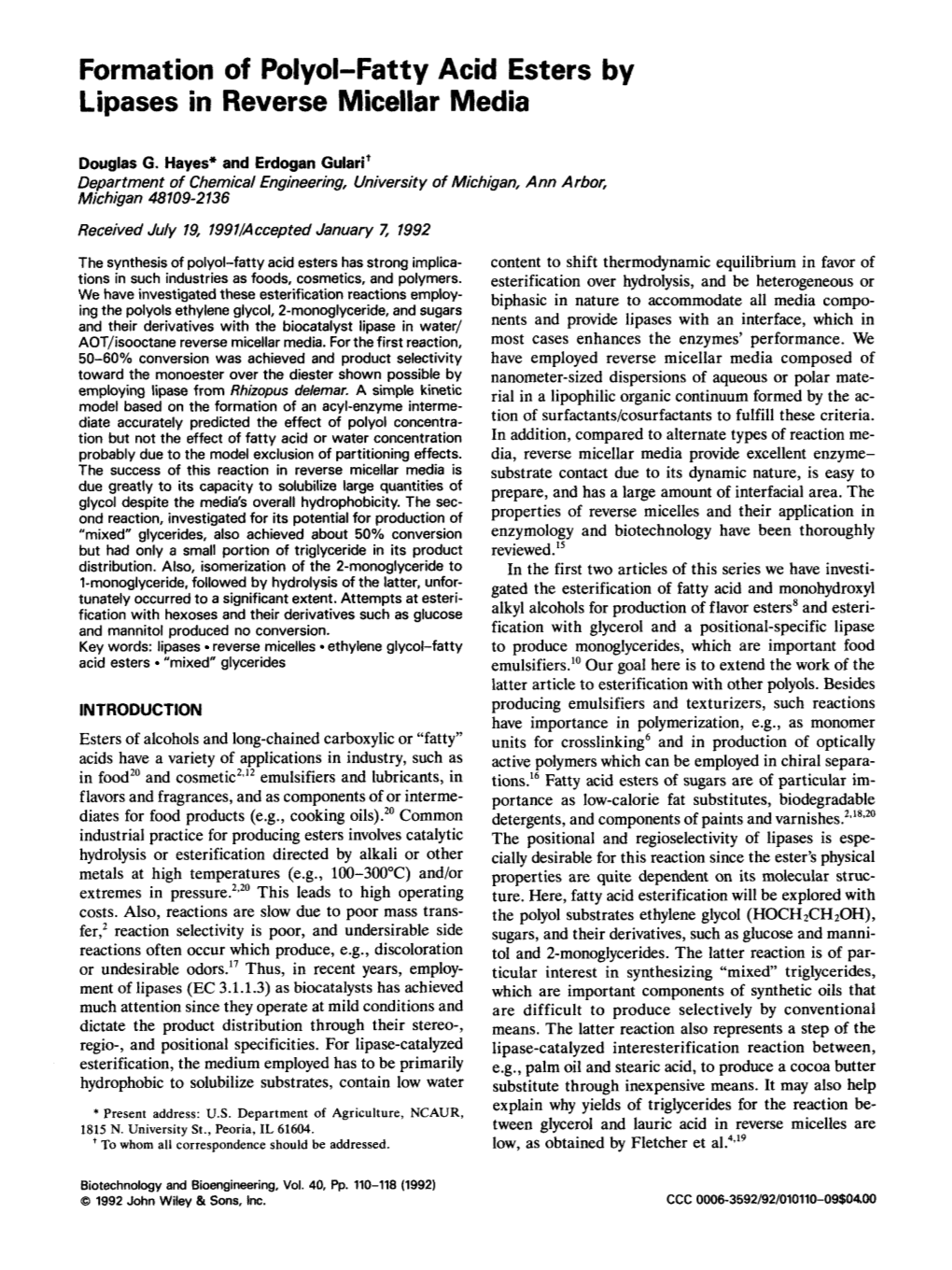 Formation of Polyol-Fatty Acid Esters by Lipases in Reverse Micellar Media