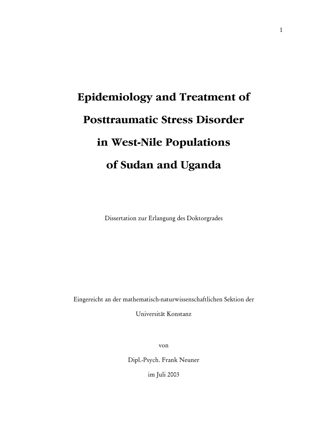 Epidemiology and Treatment of Posttraumatic Stress Disorder in West-Nile Populations of Sudan and Uganda