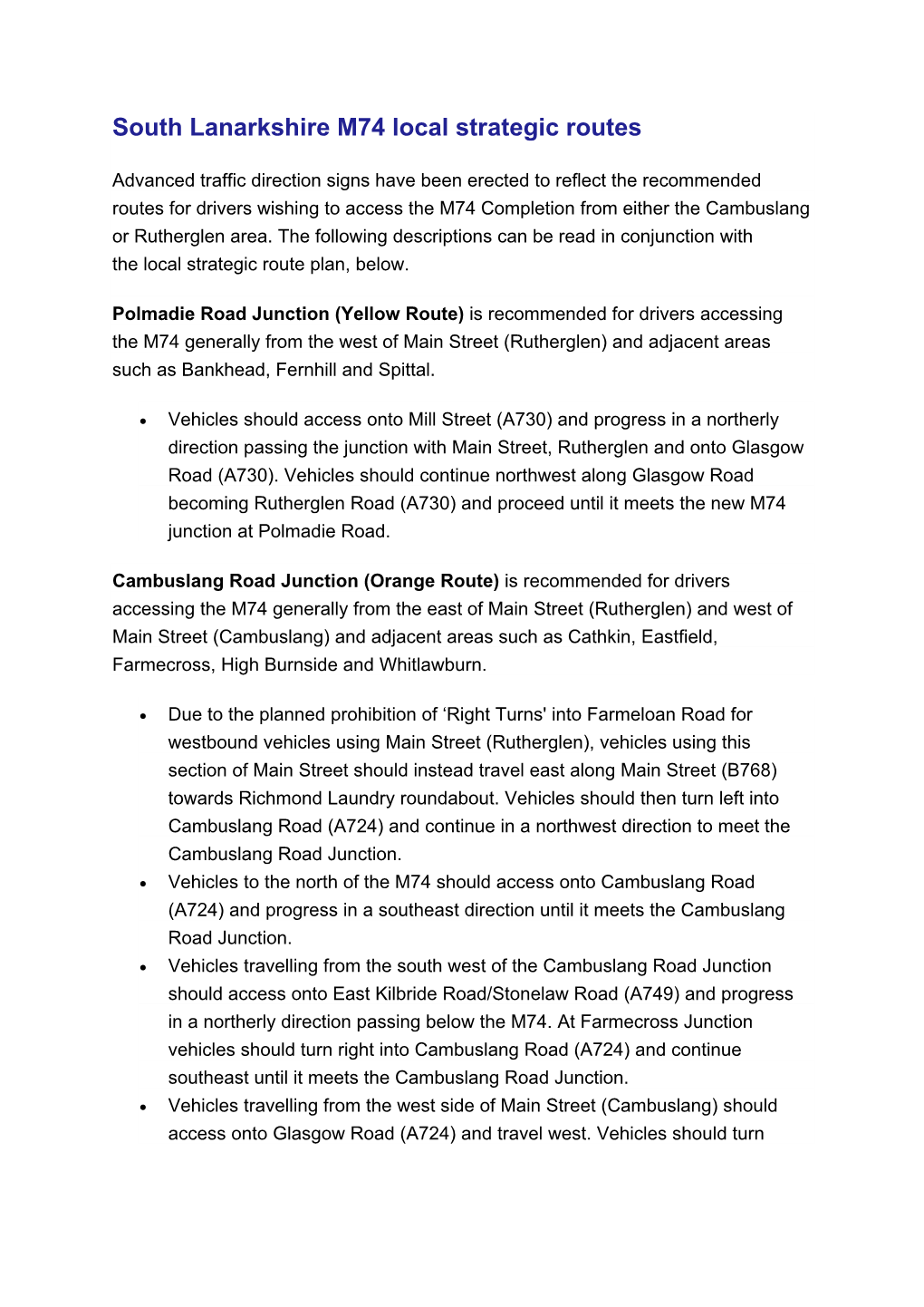 South Lanarkshire M74 Local Strategic Routes