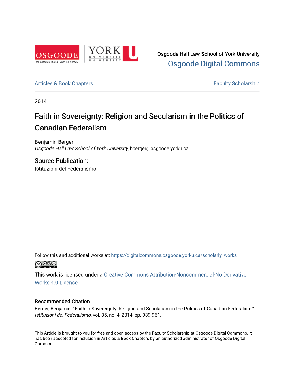 Religion and Secularism in the Politics of Canadian Federalism