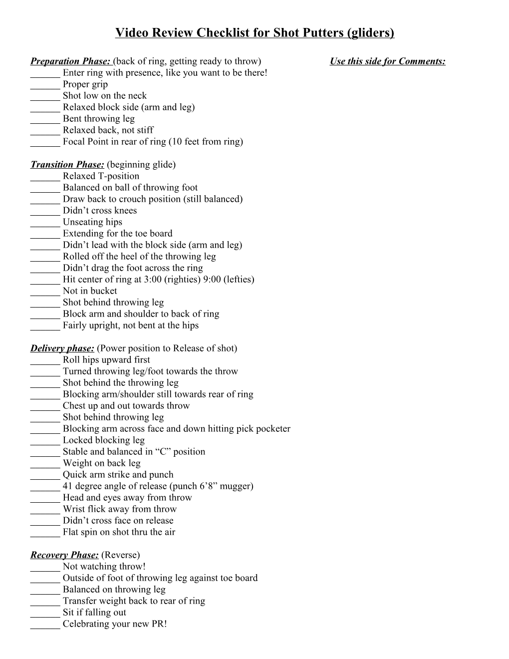 Video Review Checklist for Shot Putters (Gliders)