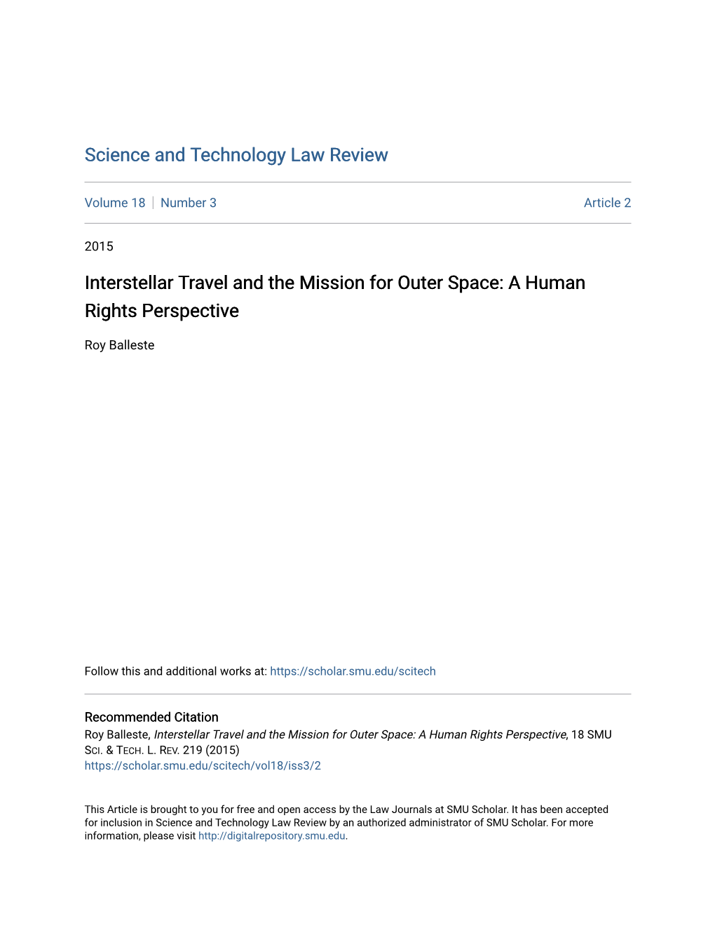 Interstellar Travel and the Mission for Outer Space: a Human Rights Perspective