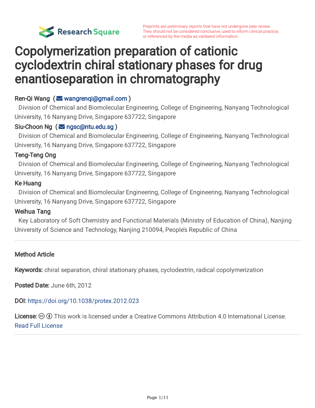 Copolymerization Preparation of Cationic Cyclodextrin Chiral Stationary Phases for Drug Enantioseparation in Chromatography