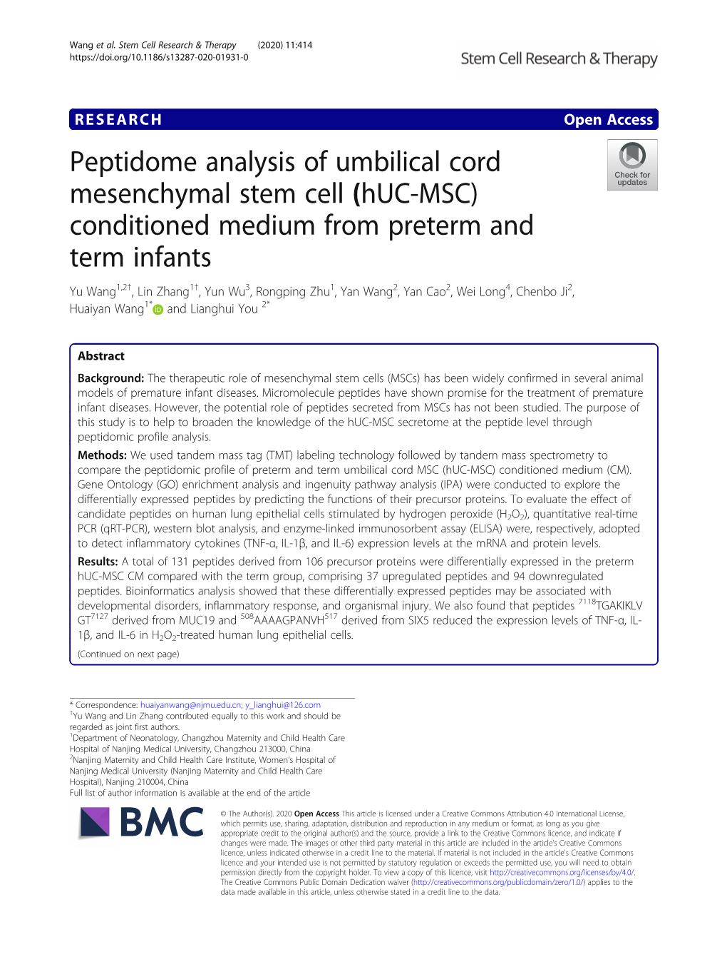Peptidome Analysis of Umbilical Cord Mesenchymal Stem Cell (Huc-MSC