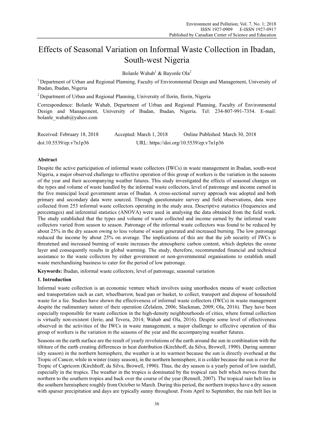 Effects of Seasonal Variation on Informal Waste Collection in Ibadan, South-West Nigeria